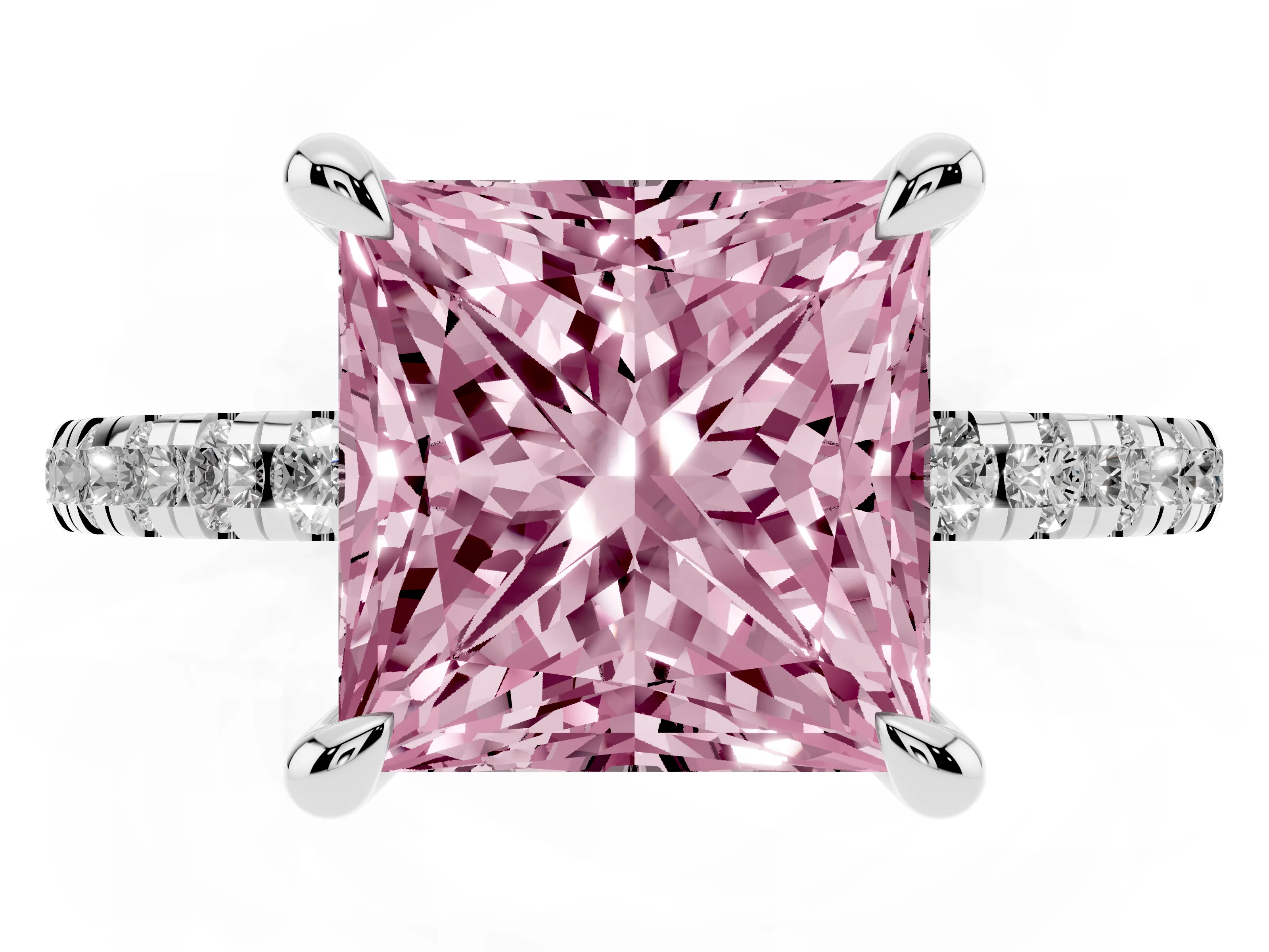 Fancy Pink Princess Cut Diamond Brilliant Solitaire Ring Set in Silver with Pavé Band and Prong Setting