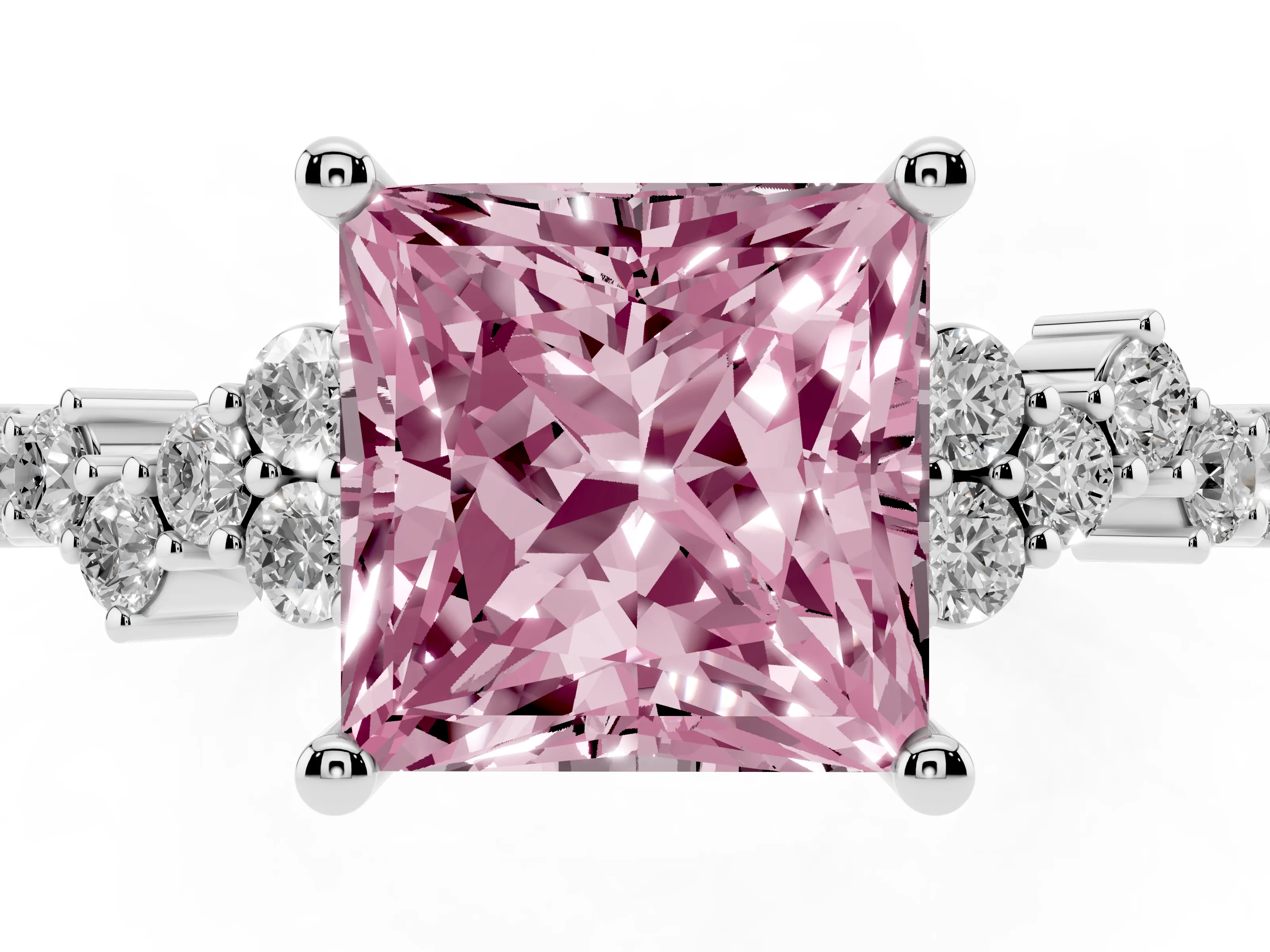 Fancy Pink Princess Cut Diamond Ring Set in White gold with Scattered Round Accents