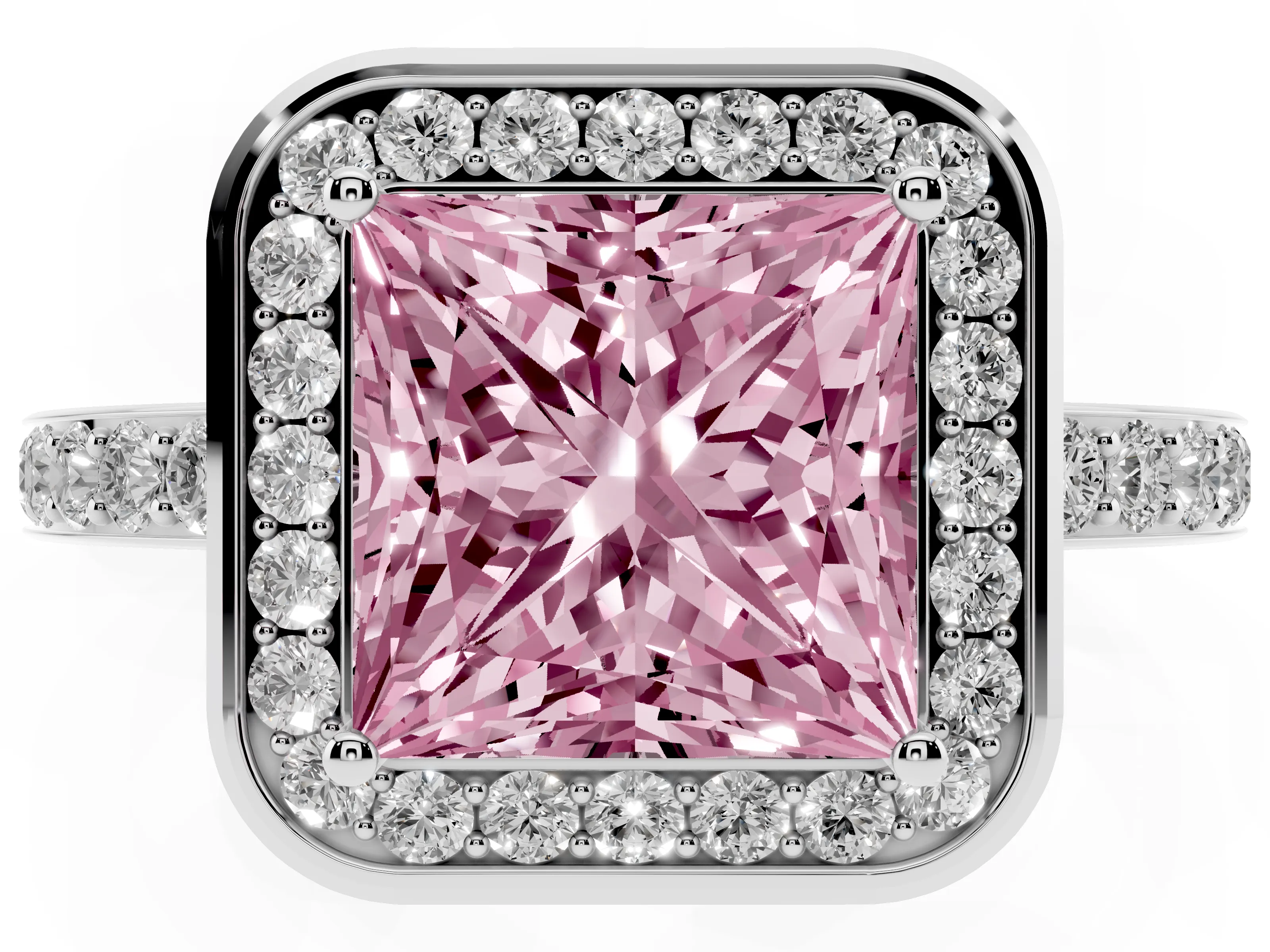 Fancy Pink Princess Cut Diamond Halo Ring Set in Silver with Bezel Frame and Pavé Band