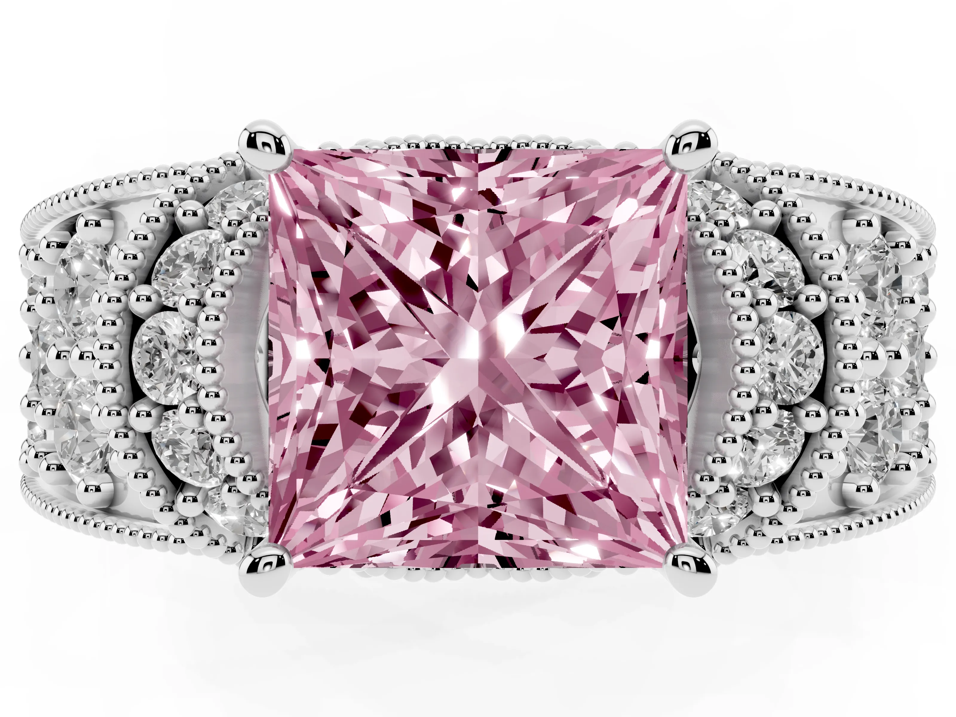 Fancy Pink Princess Cut Diamond Milgrain Halo Pavé Engagement Ring Set in White gold with Prong Setting