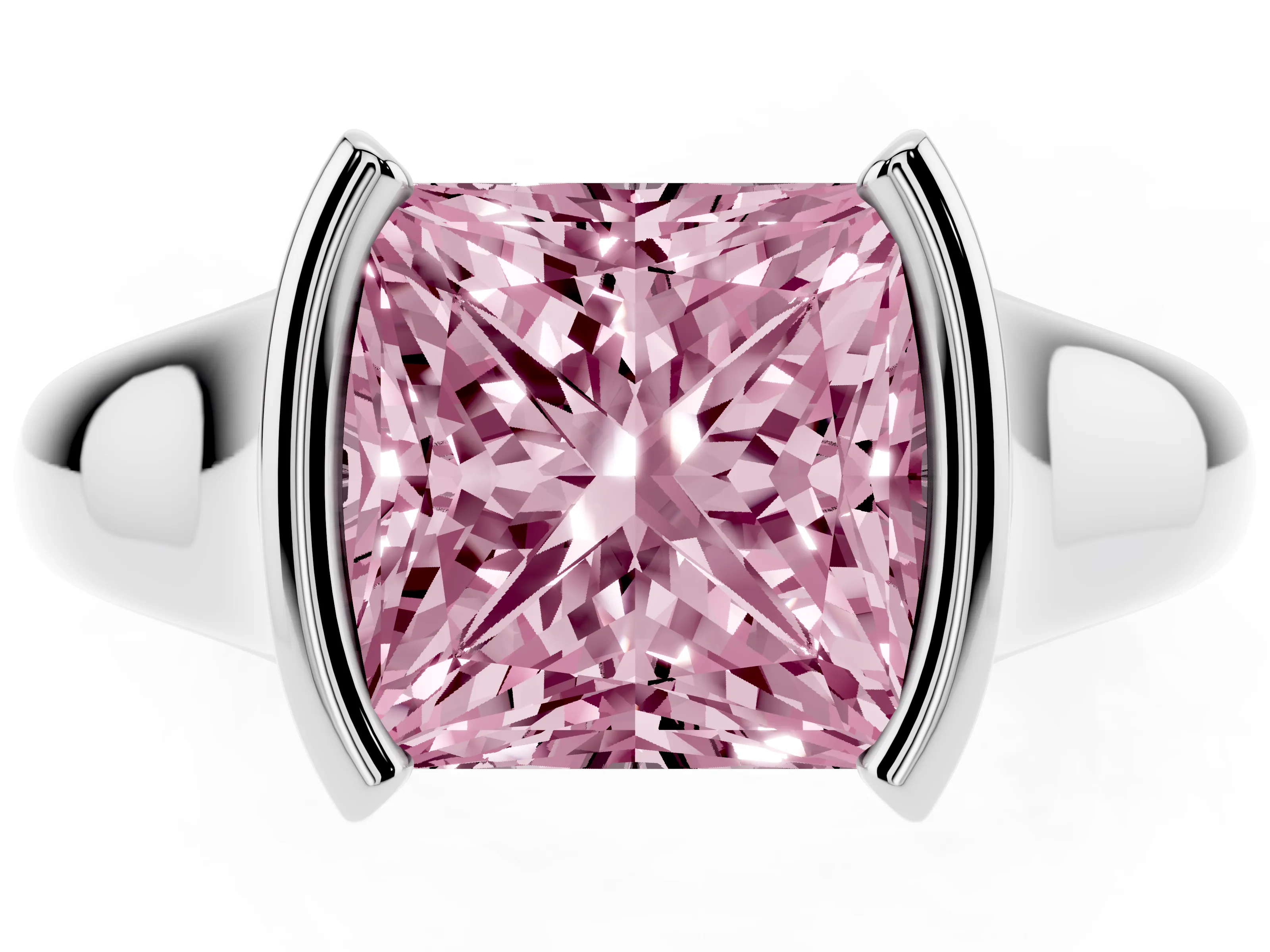 Fancy Pink Princess Cut Diamond Solitaire Tension Set Ring Set in White gold with Split Shank Band