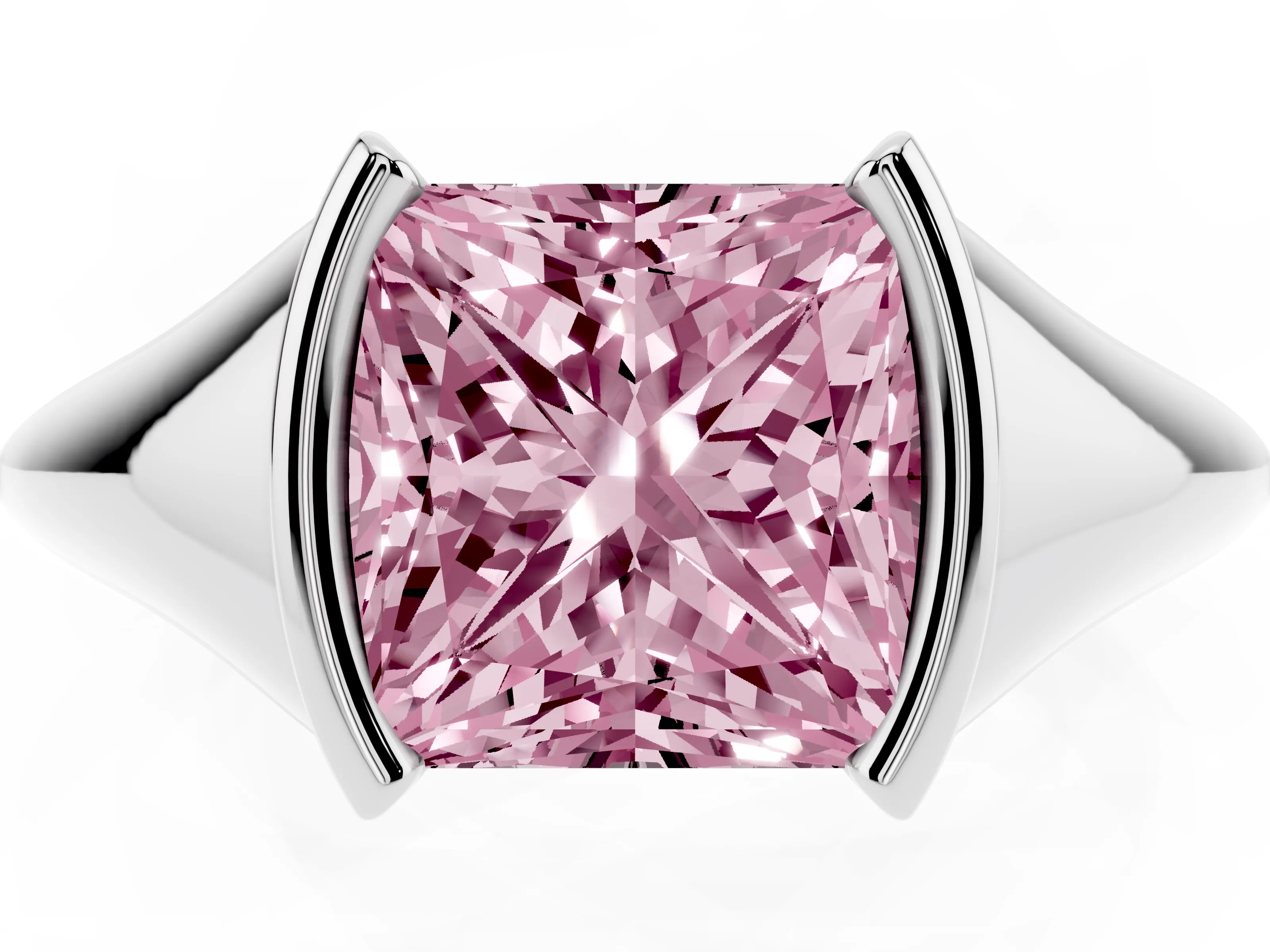 Fancy Pink Princess Cut Diamond Solitaire Tension Set Ring Set in Platinum