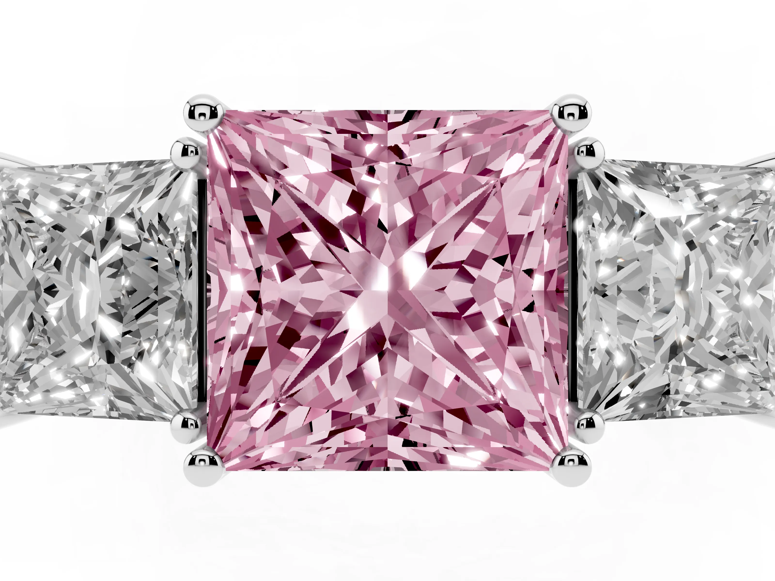 Fancy Pink Princess Cut Diamond Three-Stone Engagement Ring Set in Platinum with Flat Band