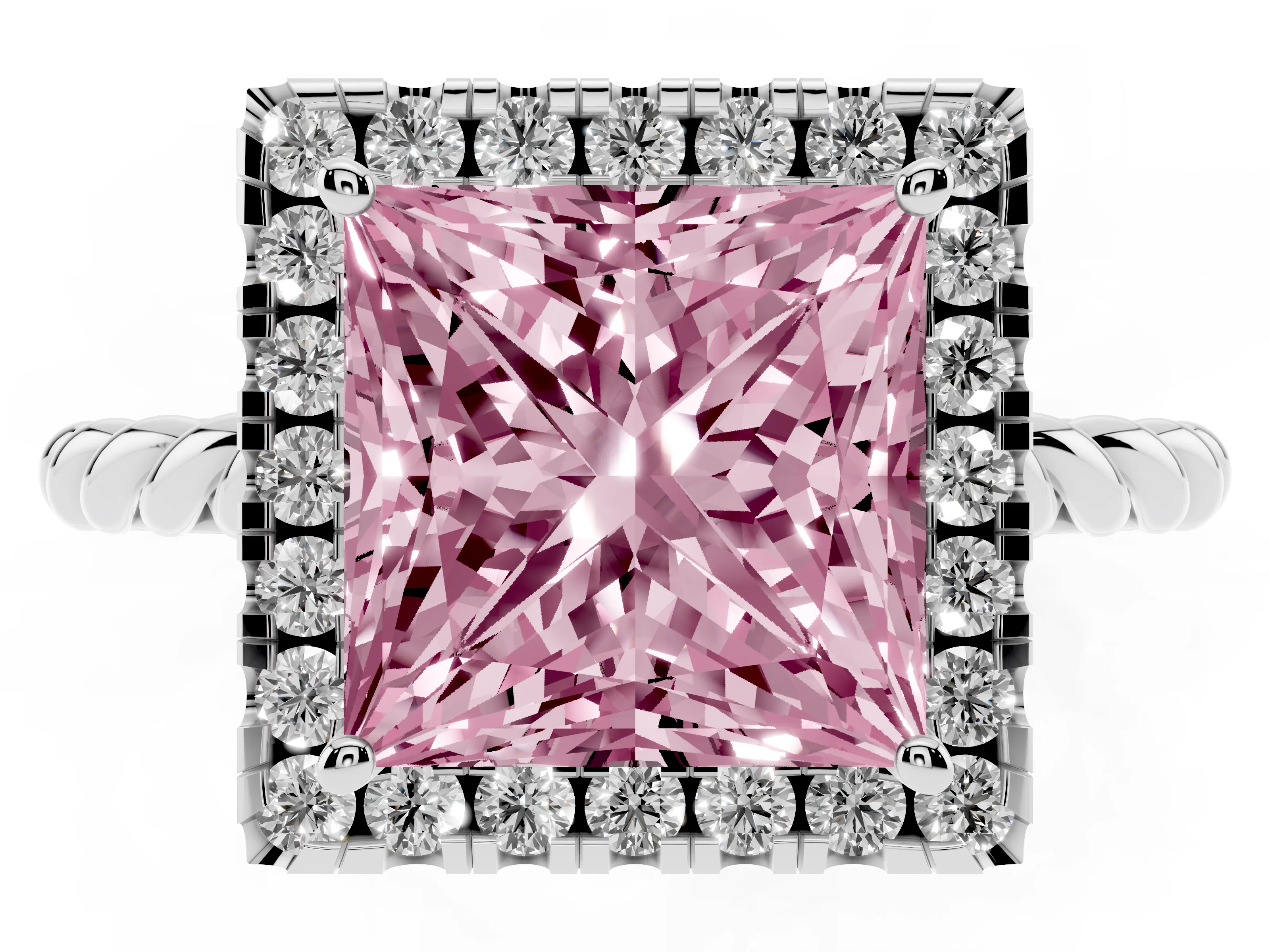 Fancy Pink Princess Cut Diamond Halo Ring Set in Platinum with Plain Twisted Band
