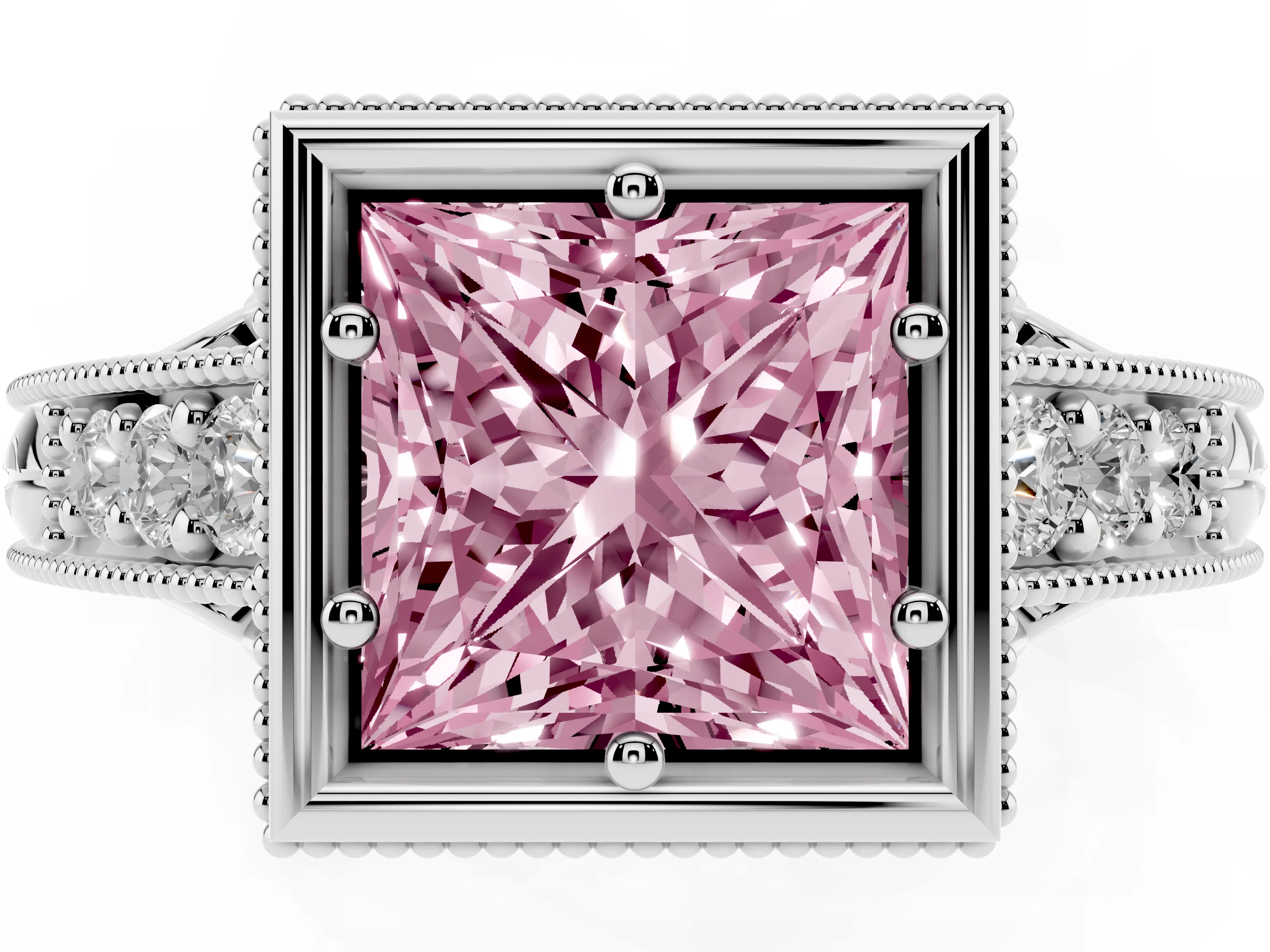 Fancy Pink Bezel Set Princess Cut Diamond Milgrain Pavé Engagement Ring Set in Platinum