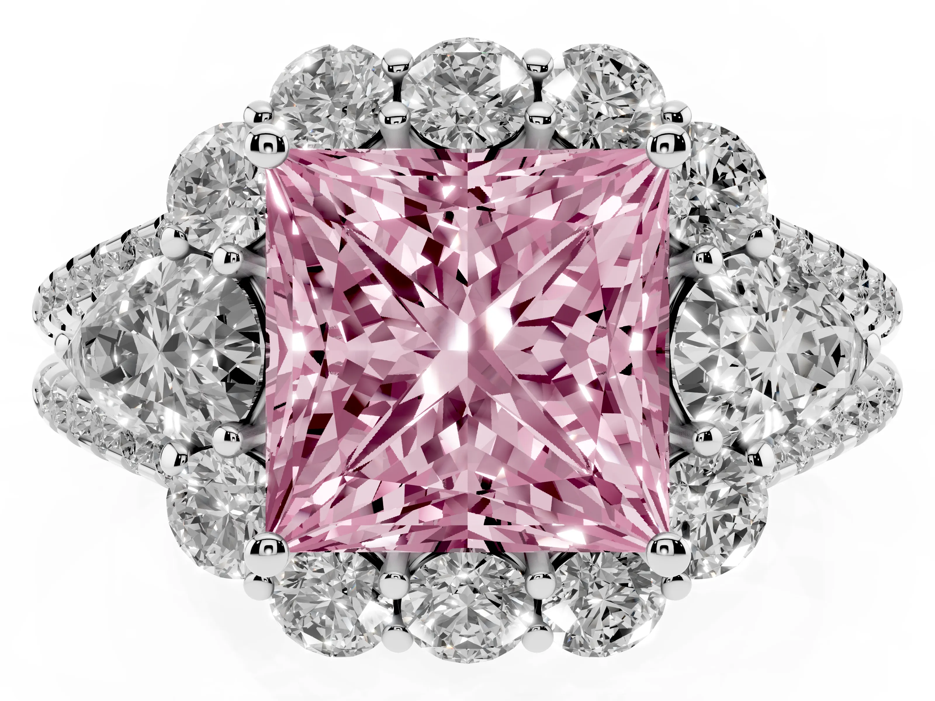 Fancy Pink Princess Cut Diamond Halo Split Shank Engagement Ring Set in Platinum with Prong-Held Center Stone