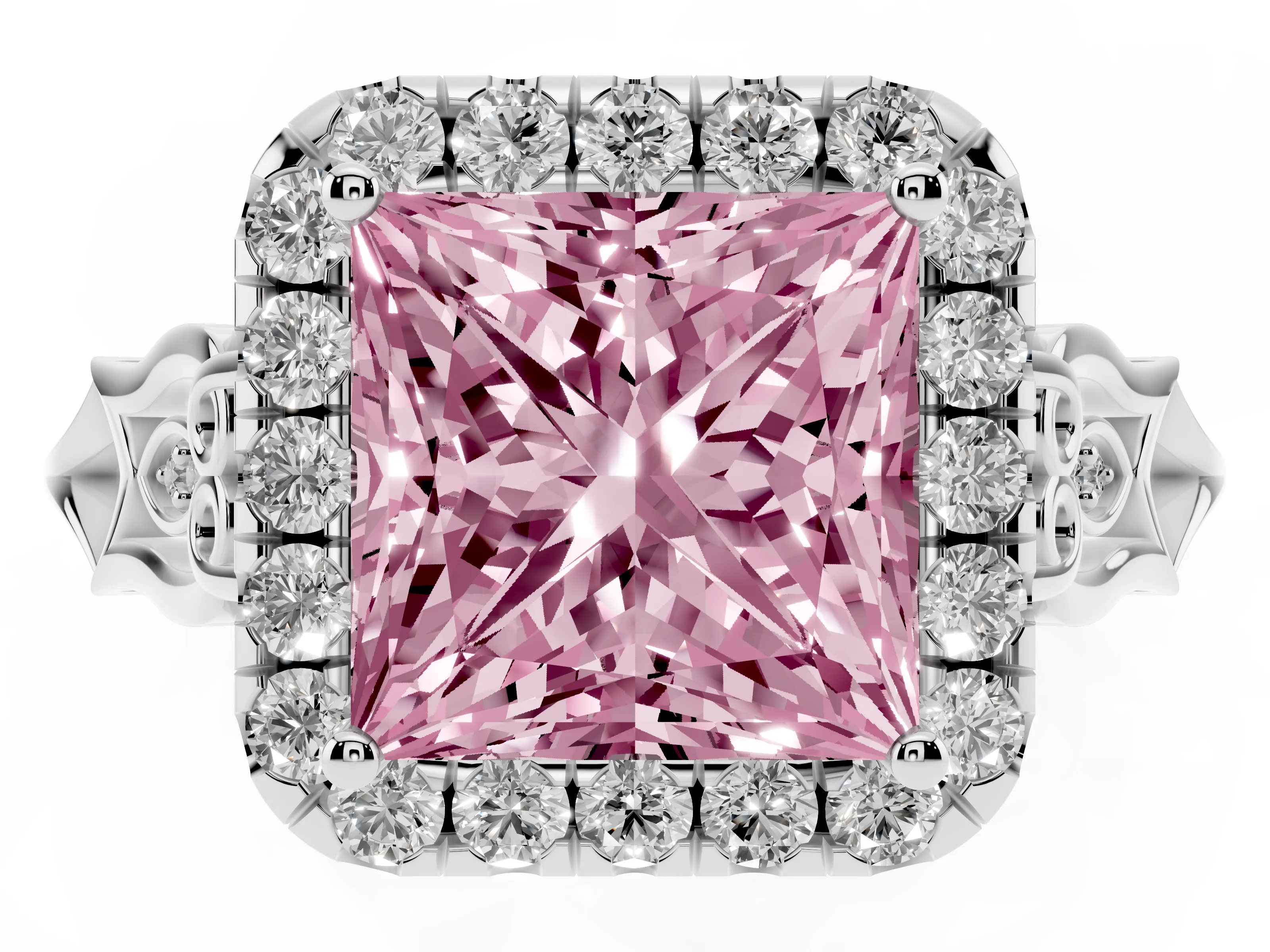 Fancy Pink Princess Cut Diamond Halo Engagement Ring Set in White gold with Filigree Band and Prong-Set Center