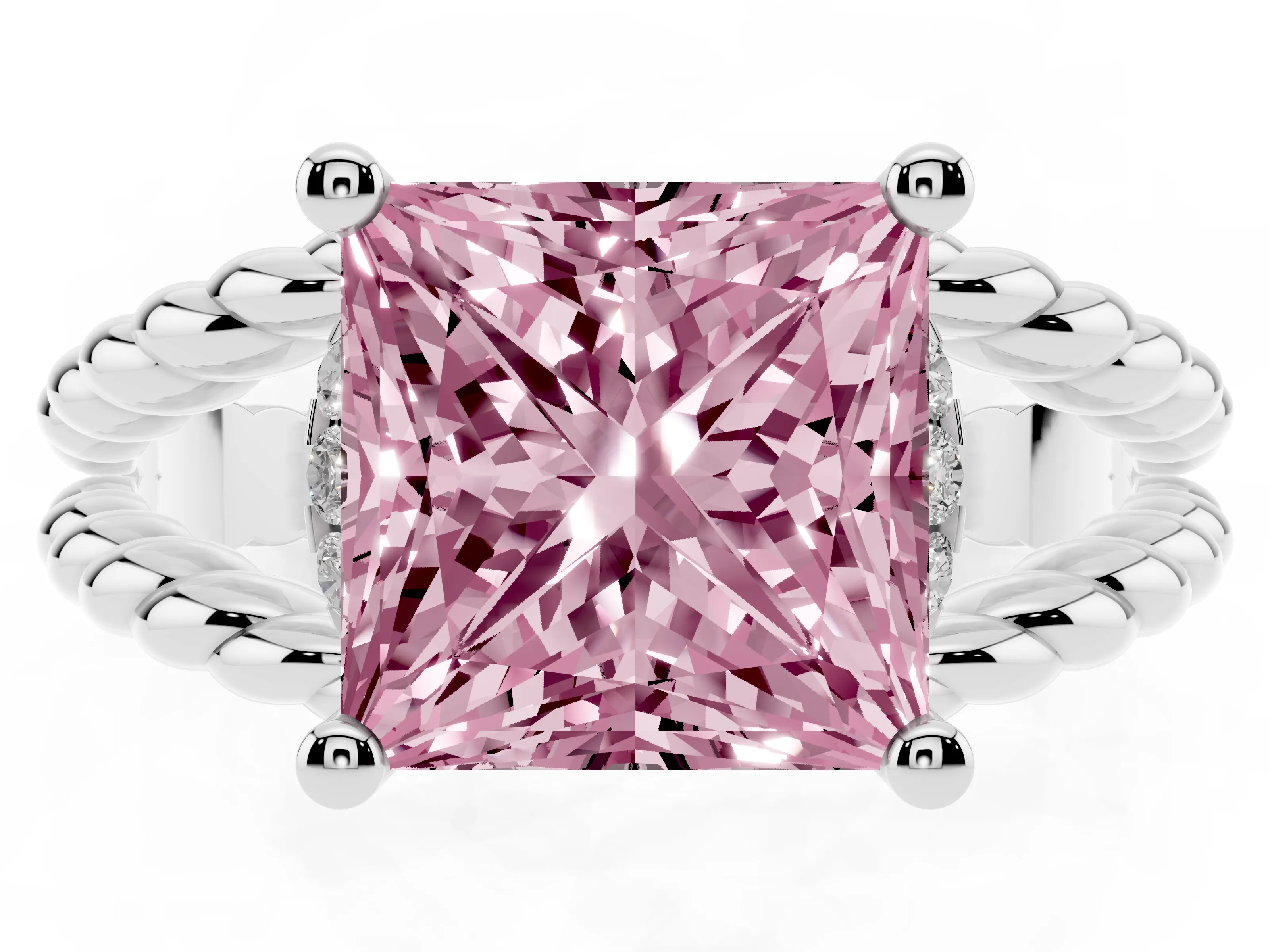 Fancy Pink Princess Cut Diamond Halo Ring Set in White gold with Twisted Band and Prong Setting