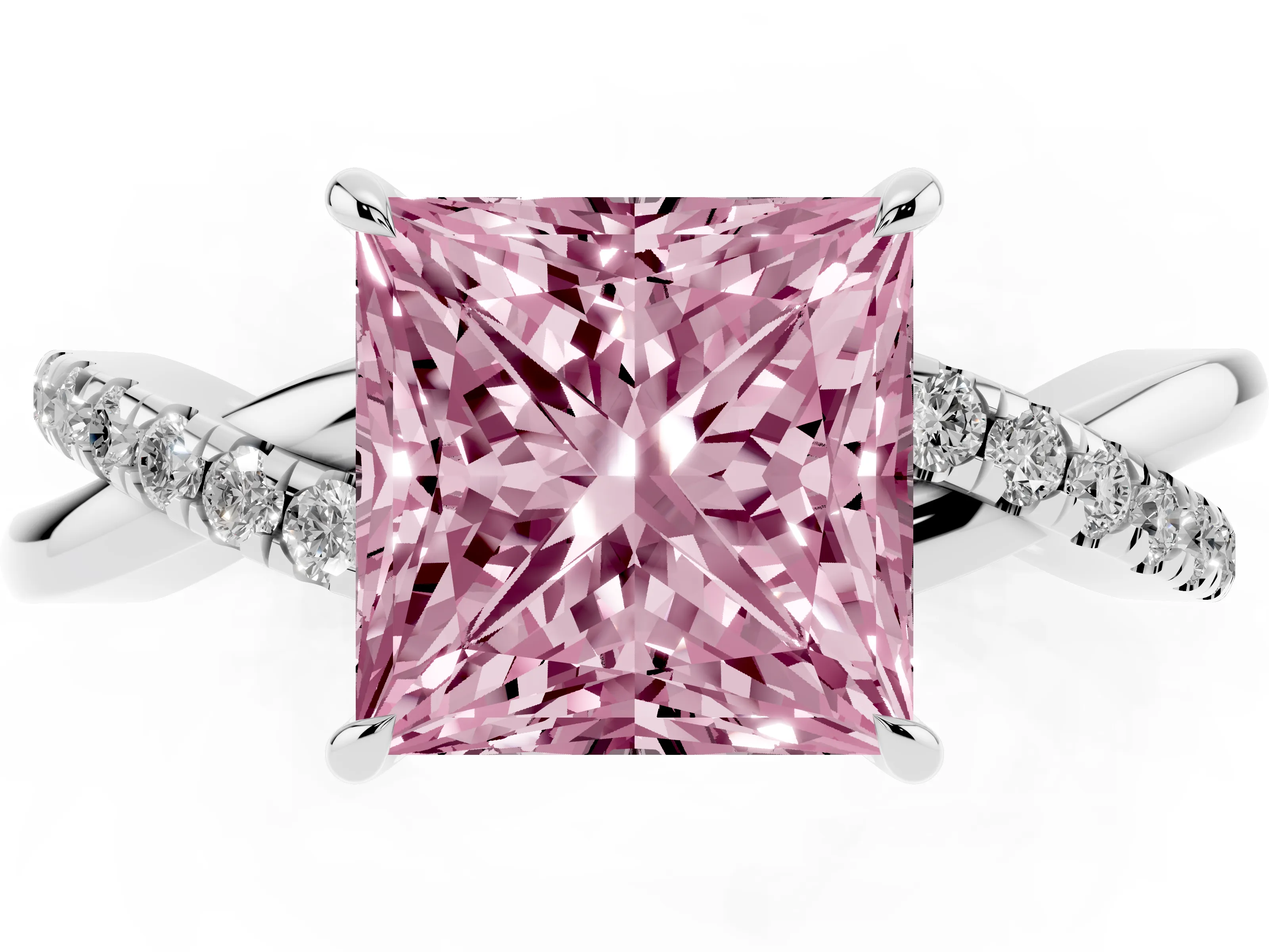 Fancy Pink Princess Cut Diamond Twisted Pavé Band Ring Set in Silver with Prong Setting