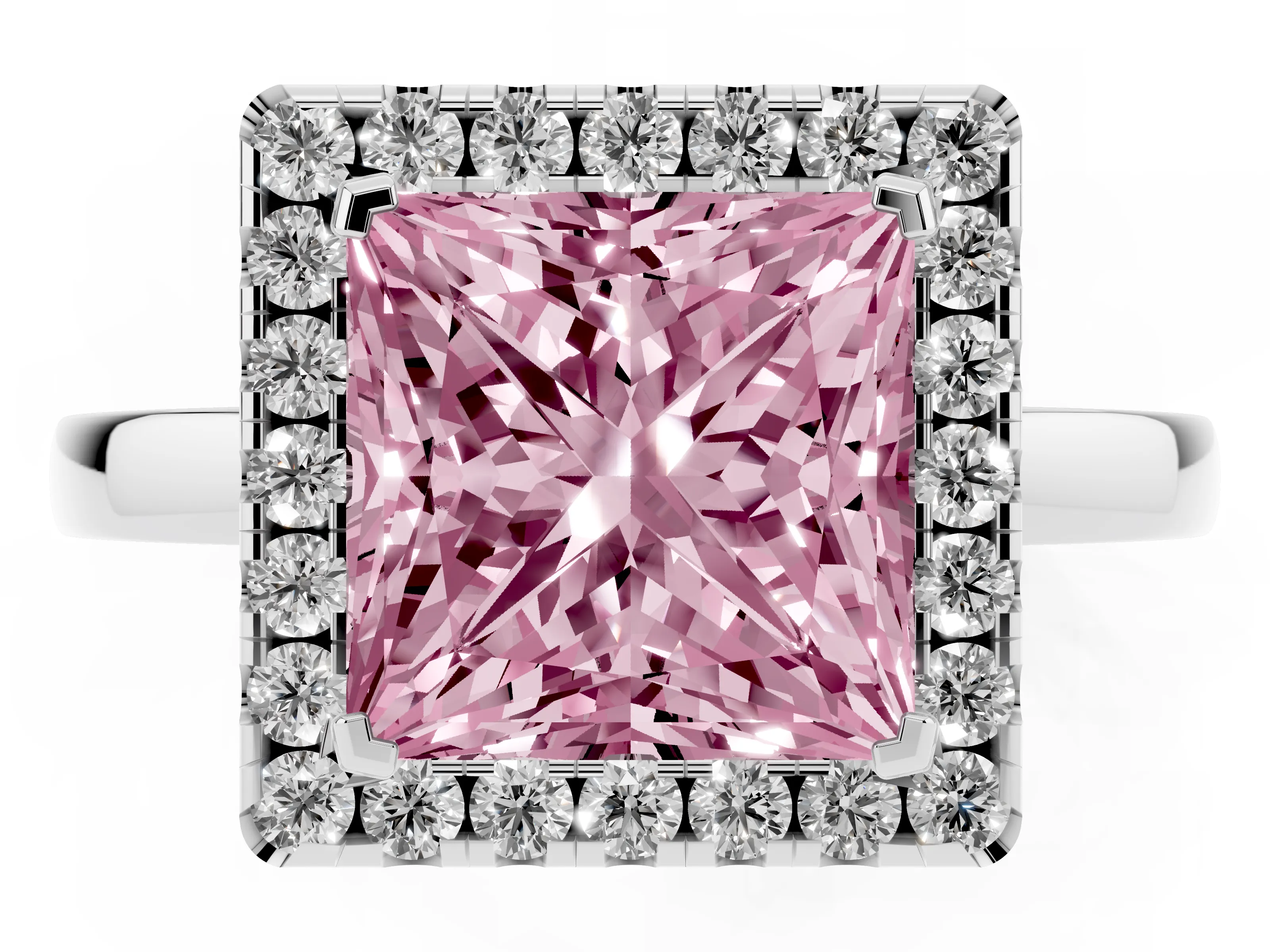 Fancy Pink Princess Cut Diamond Halo Solitaire Ring Set in Silver with Pavé Band and Prong Setting