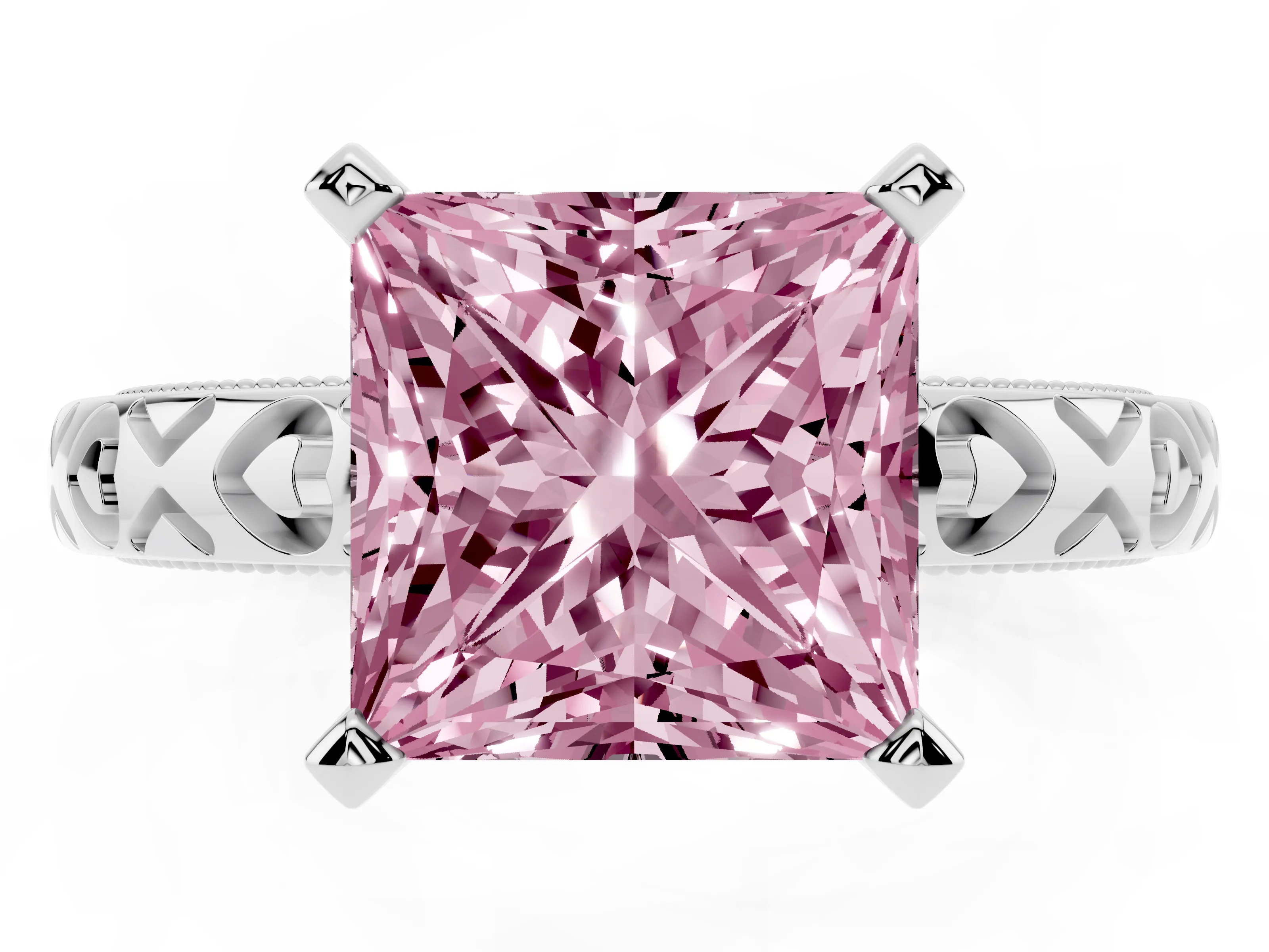 Fancy Pink Princess Cut Diamond Solitaire Engagement Ring Set in White gold with XO Engraved Band and Prong Setting