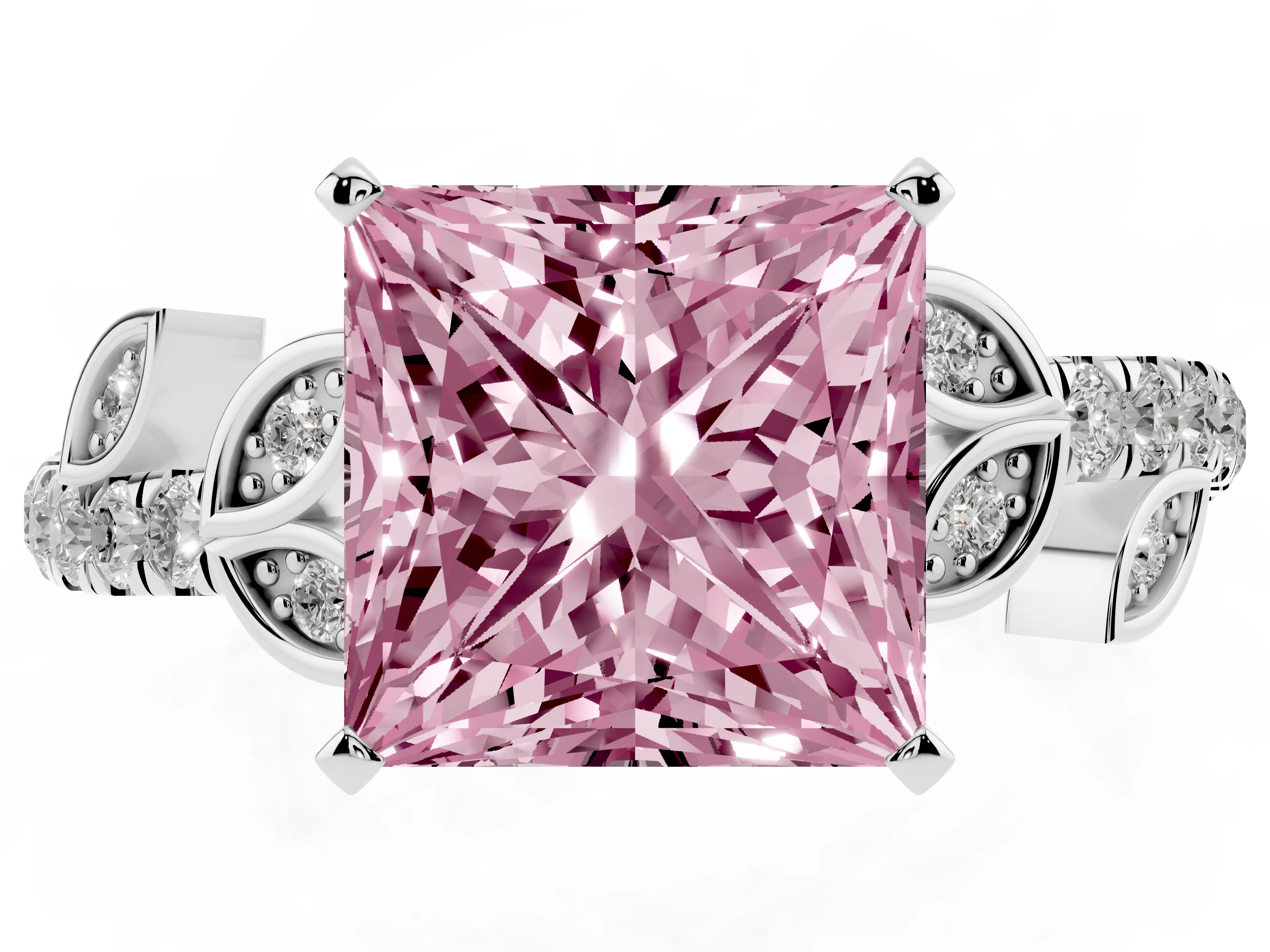 Fancy Pink Princess Cut Diamond Solitaire Leaf-Inspired Ring Set in White gold with Pavé Band and Prong Setting