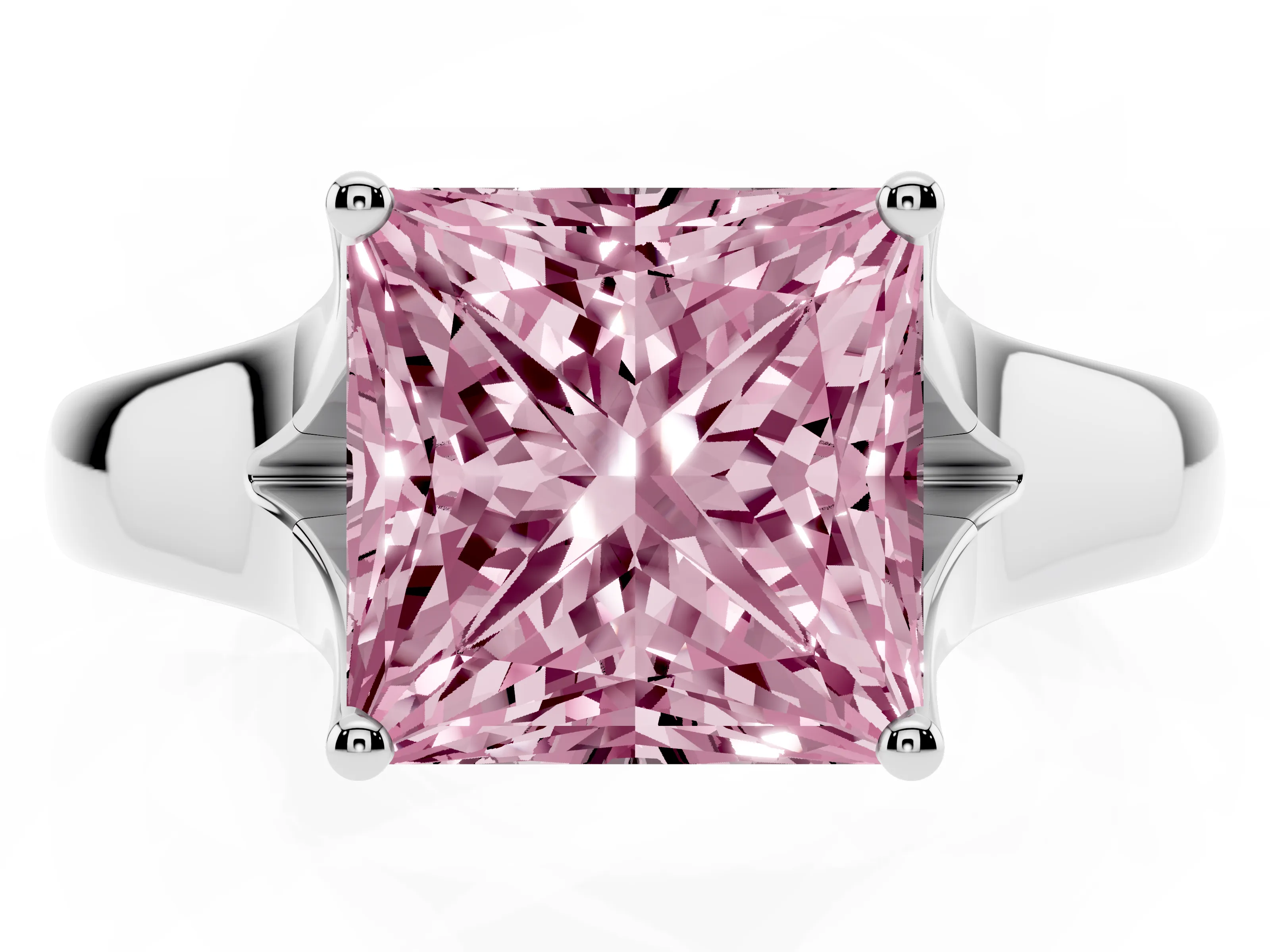 Fancy Pink Princess Cut Diamond Solitaire Ring Set in Silver with Arched Cathedral Band and Prong Setting