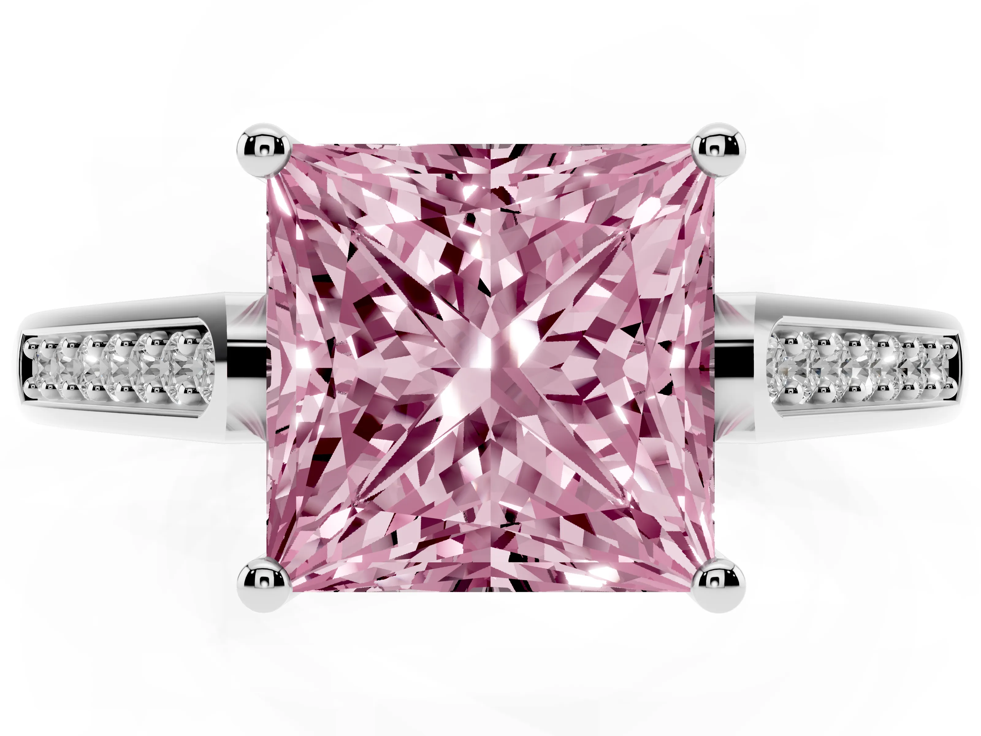 Fancy Pink Princess Cut Diamond Solitaire Cathedral Engagement Ring Set in White gold with Channel-Set Band and Prong Setting