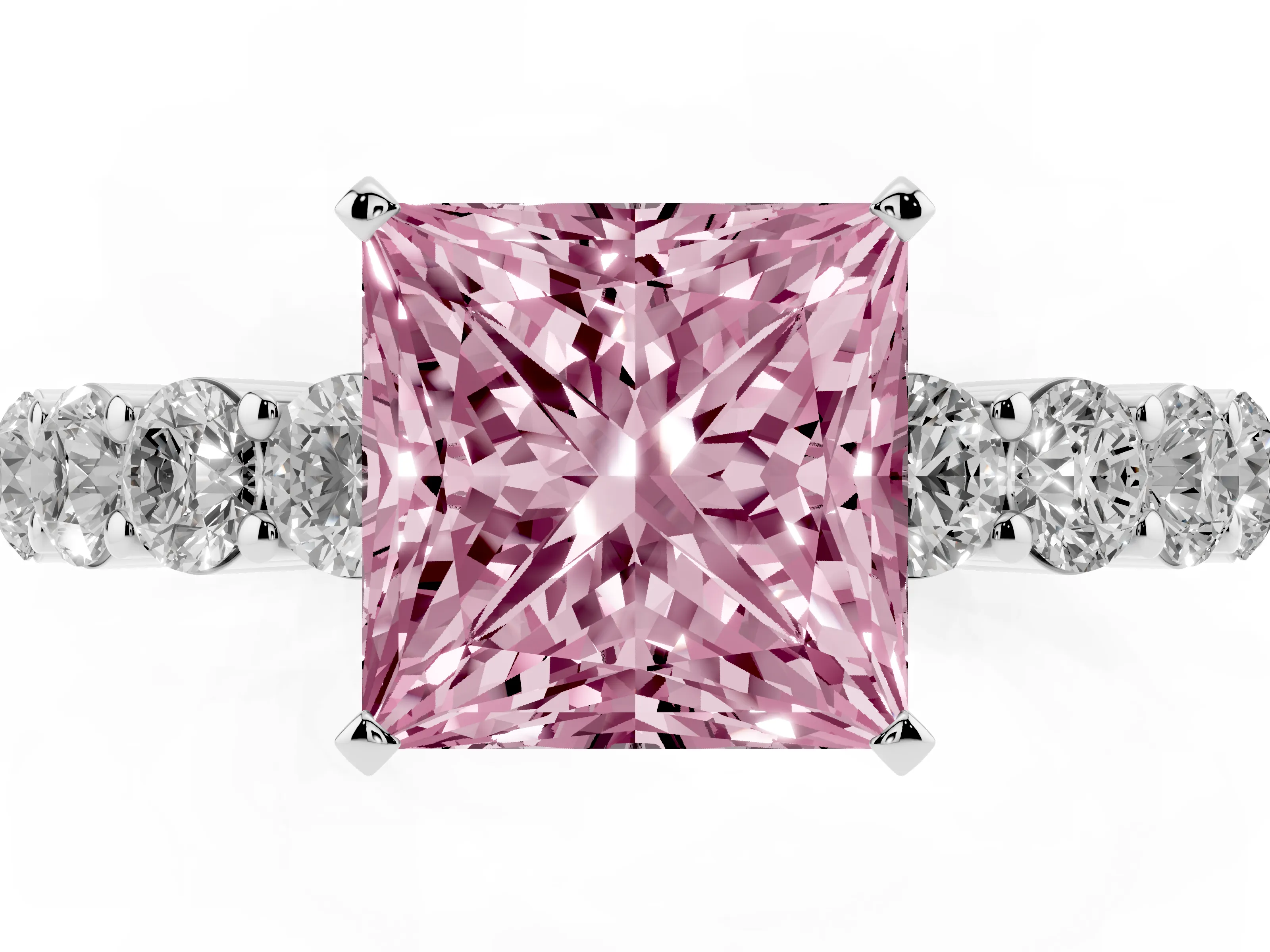 Fancy Pink Princess Cut Diamond Solitaire Ring Set in Platinum with Shared Prong Round Side Stones