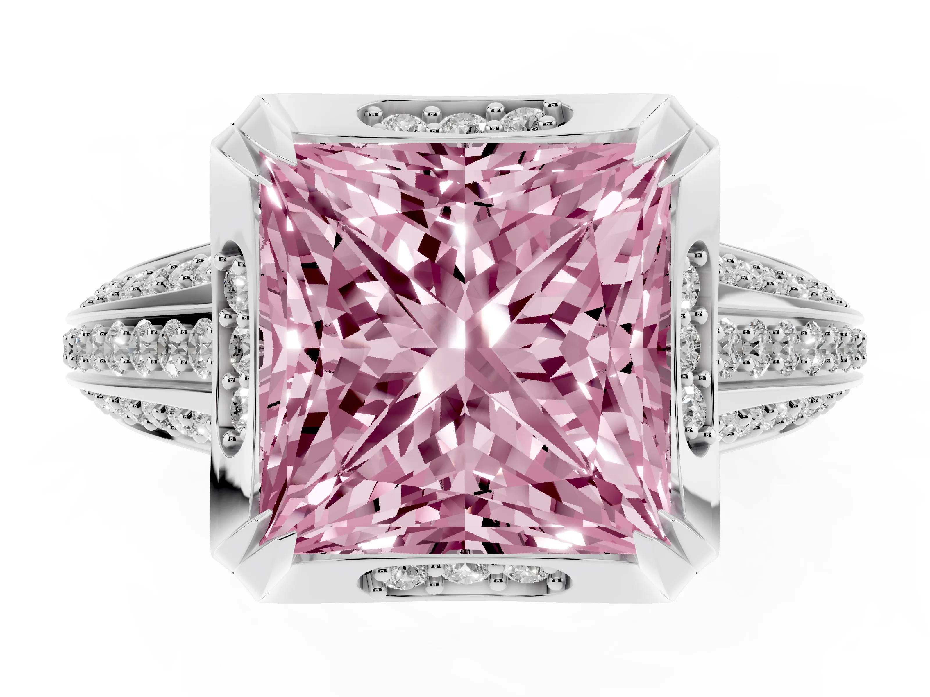 Fancy Pink Princess Cut Diamond Pavé Split Shank Solitaire Ring Set in Silver with Prong Setting
