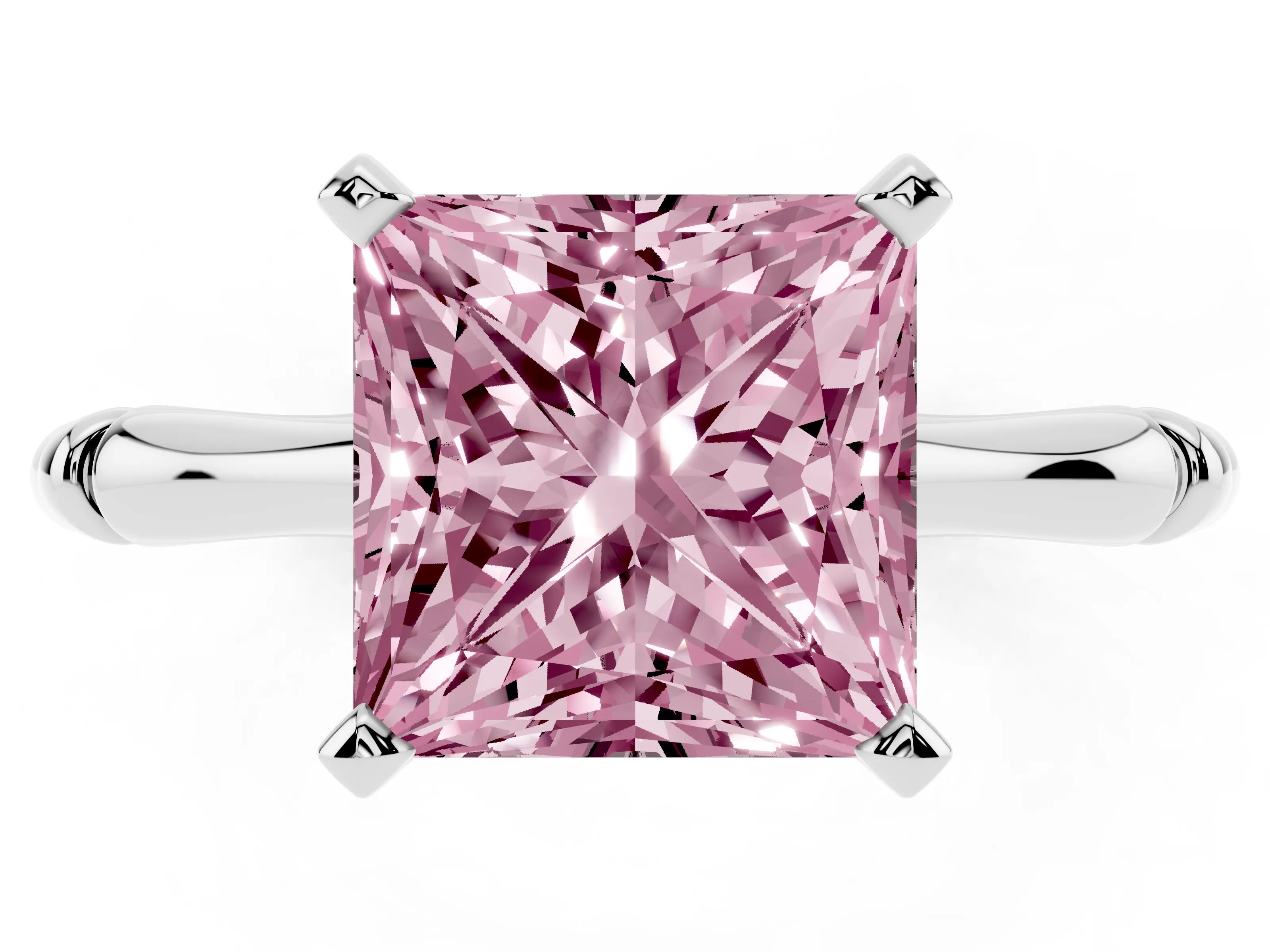 Fancy Pink Princess Cut Diamond Solitaire Ring Set in Silver with Bamboo Band and Prong Setting