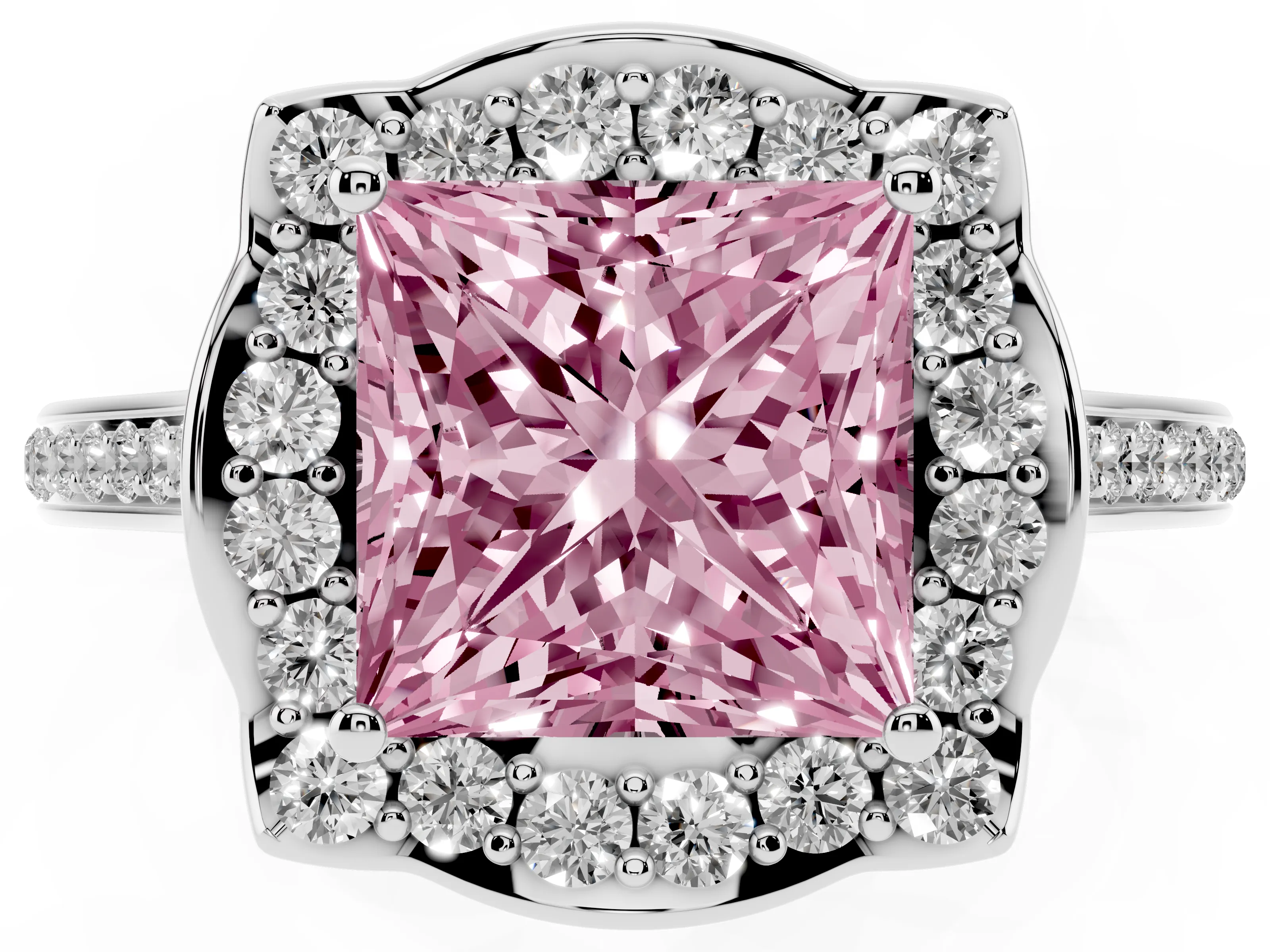 Fancy Pink Princess Cut Diamond Halo Ring Set in White gold with Pavé-Lined Shoulders and Prong Setting