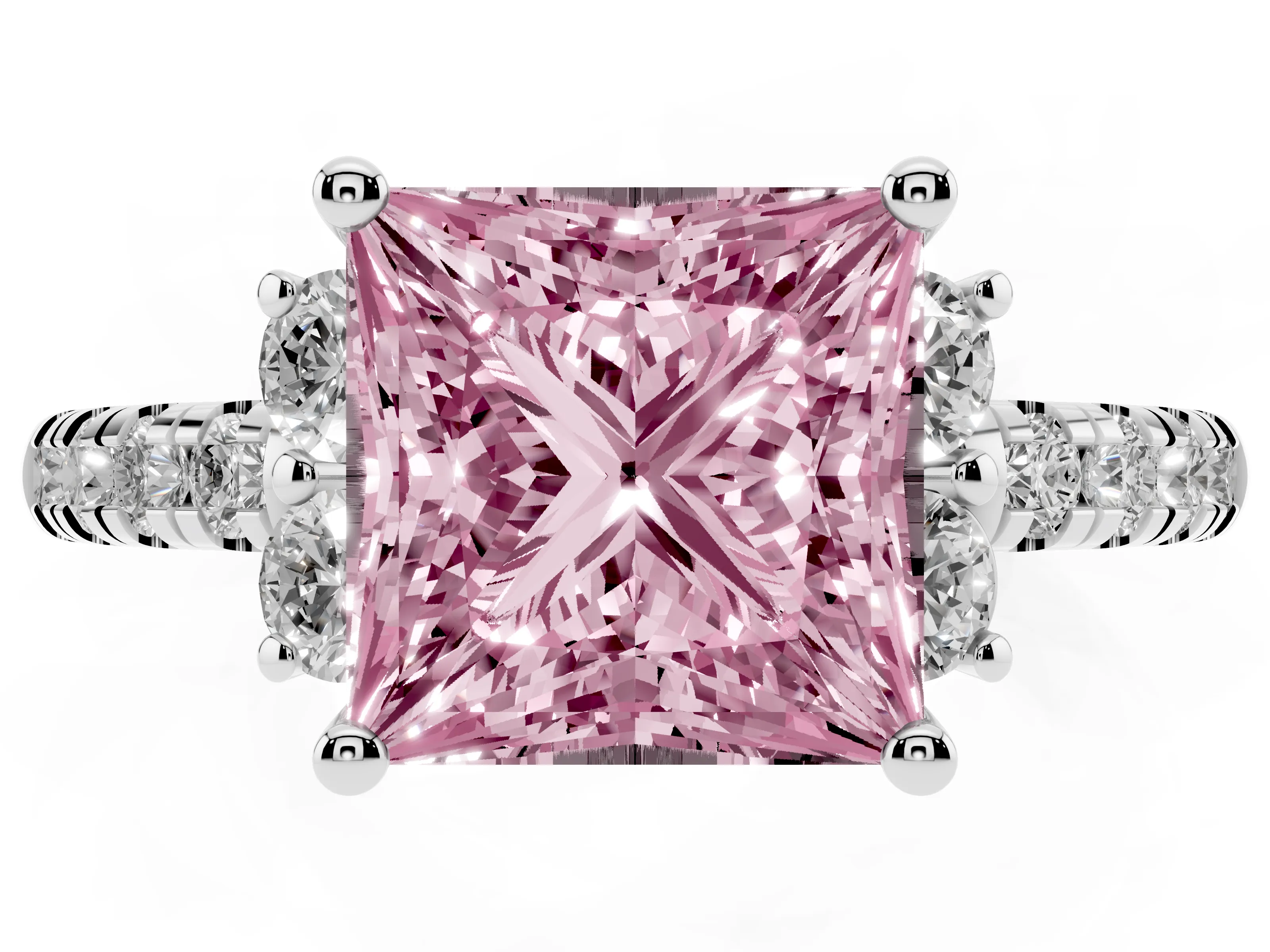 Fancy Pink Princess Cut Diamond Three-Stone Pavé Ring Set in Silver with Prong Setting