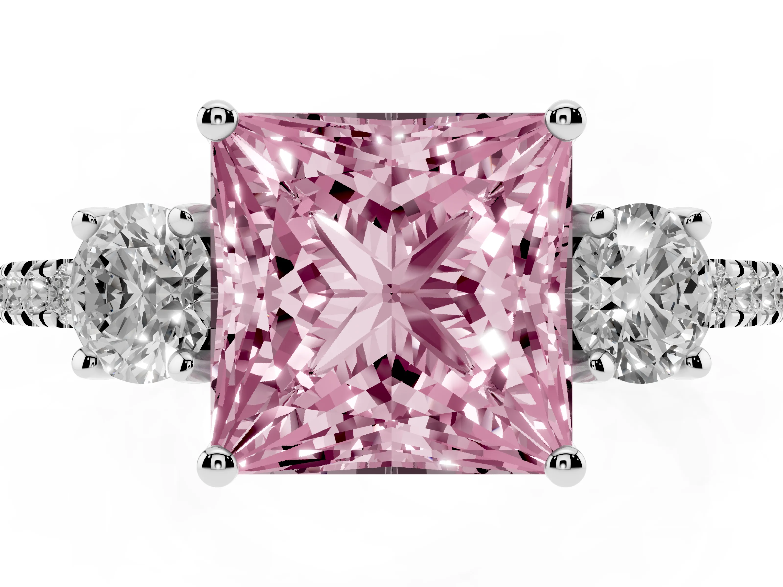 Fancy Pink Princess Cut Diamond Three-Stone Ring Set in Silver with Pavé Band and Graduated Sides