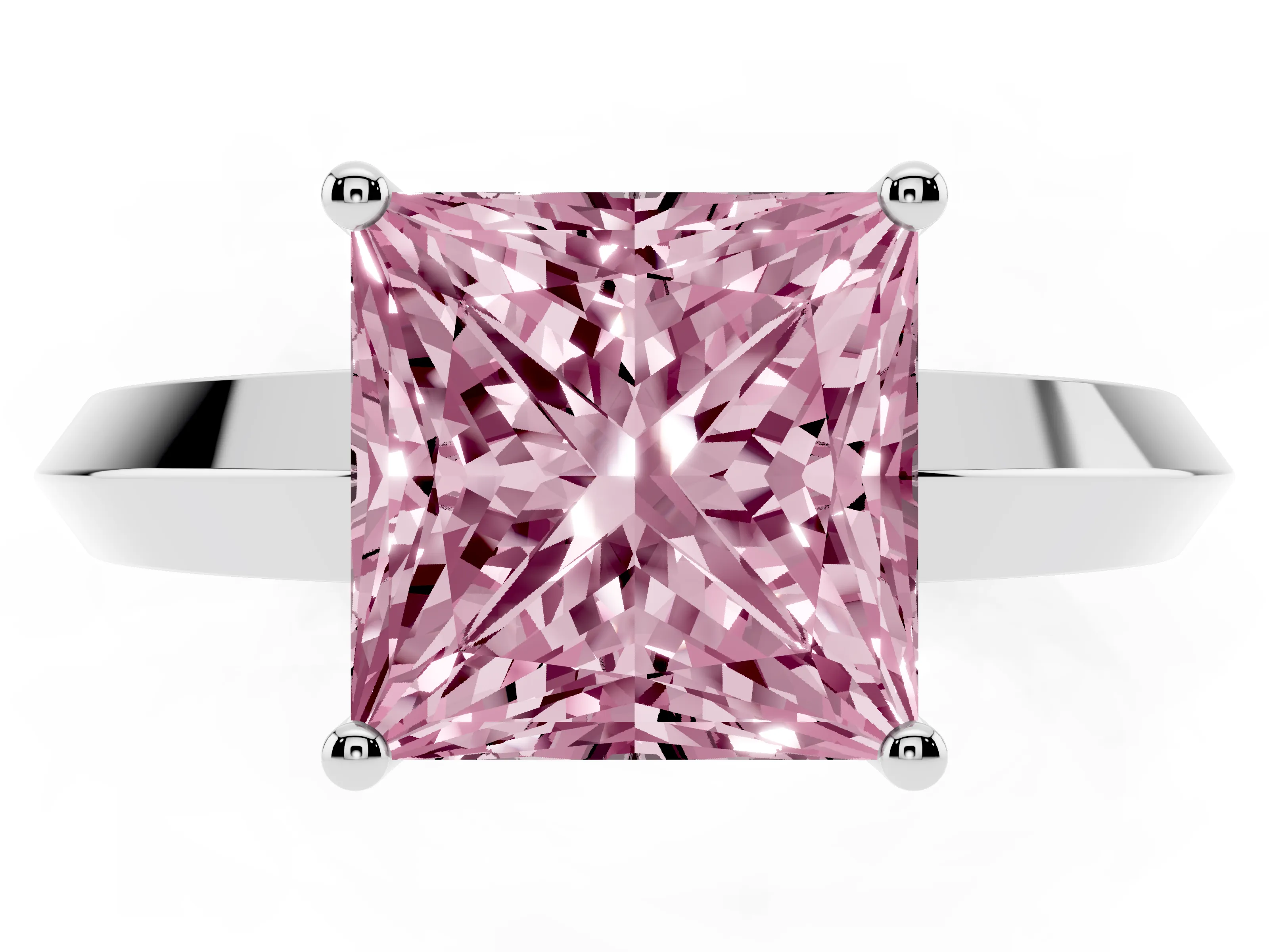Fancy Pink Princess Cut Diamond Solitaire Engagement Ring Set in Silver with Flat Band and Prong Setting