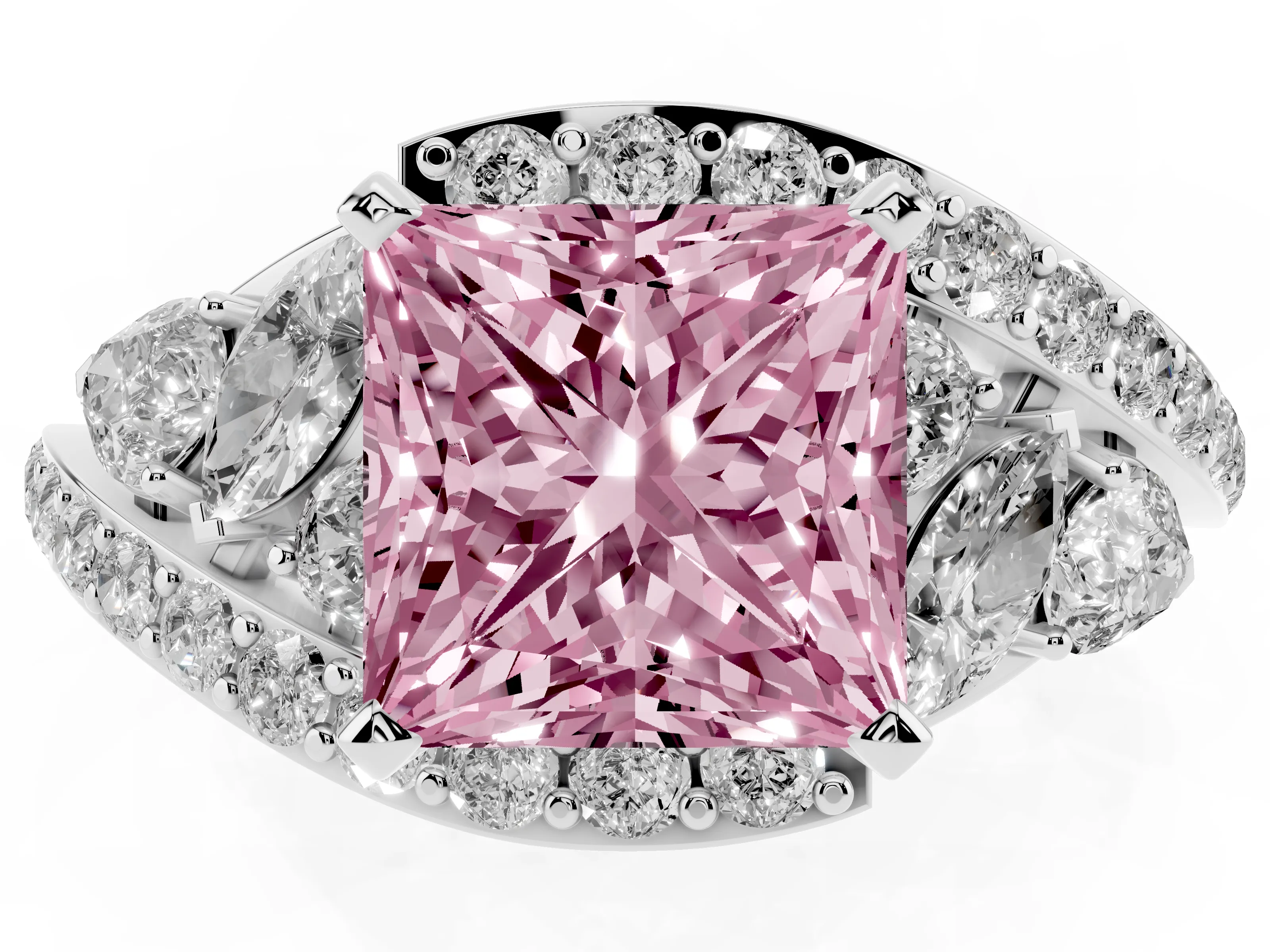 Fancy Pink Princess Cut Diamond Halo Ring Set in White gold with Marquise and Pavé Band in Prong Setting
