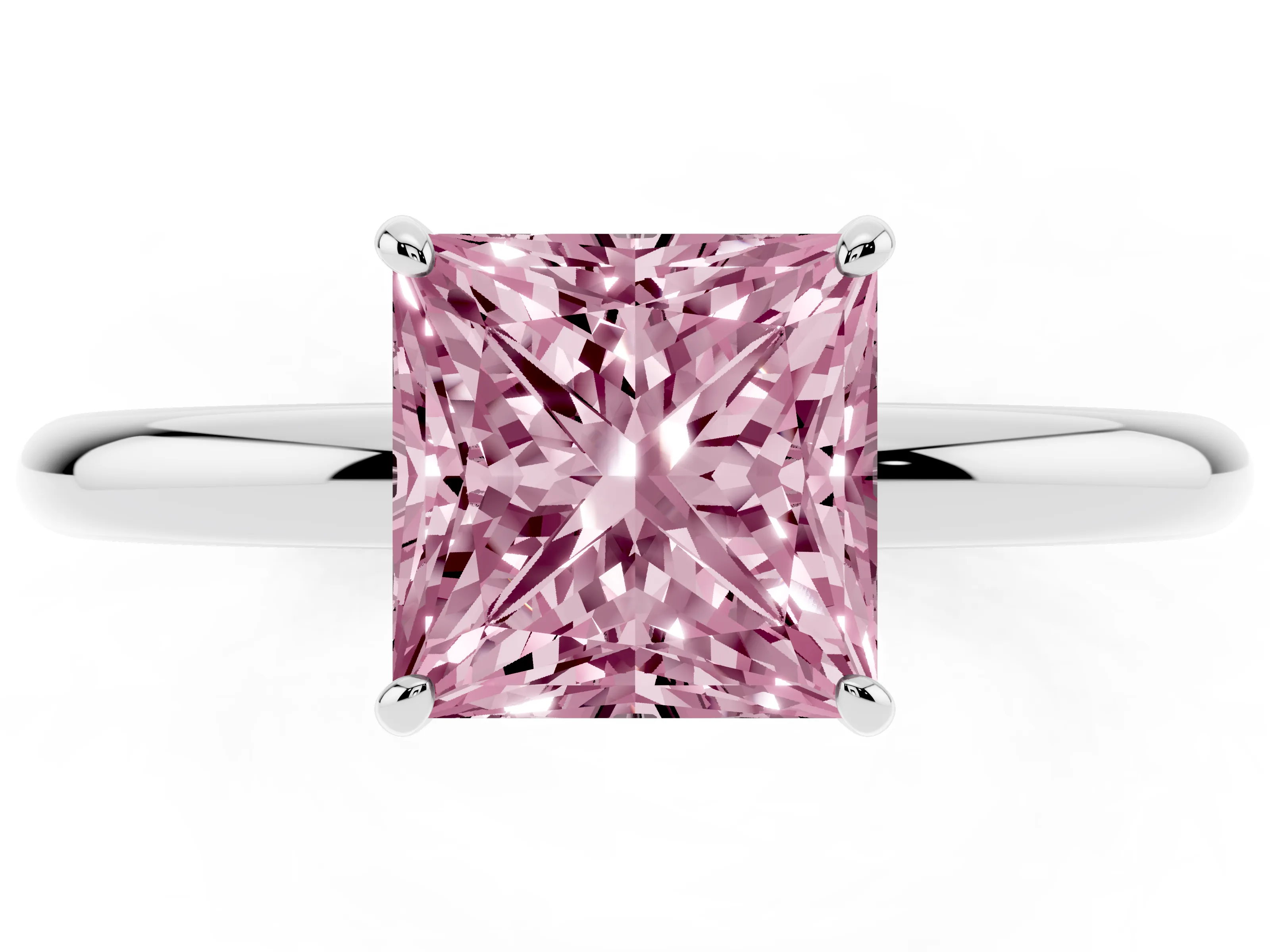 Fancy Pink Princess Cut Diamond Solitaire Ring Set in Silver with Prong Setting on a Polished Plain Band