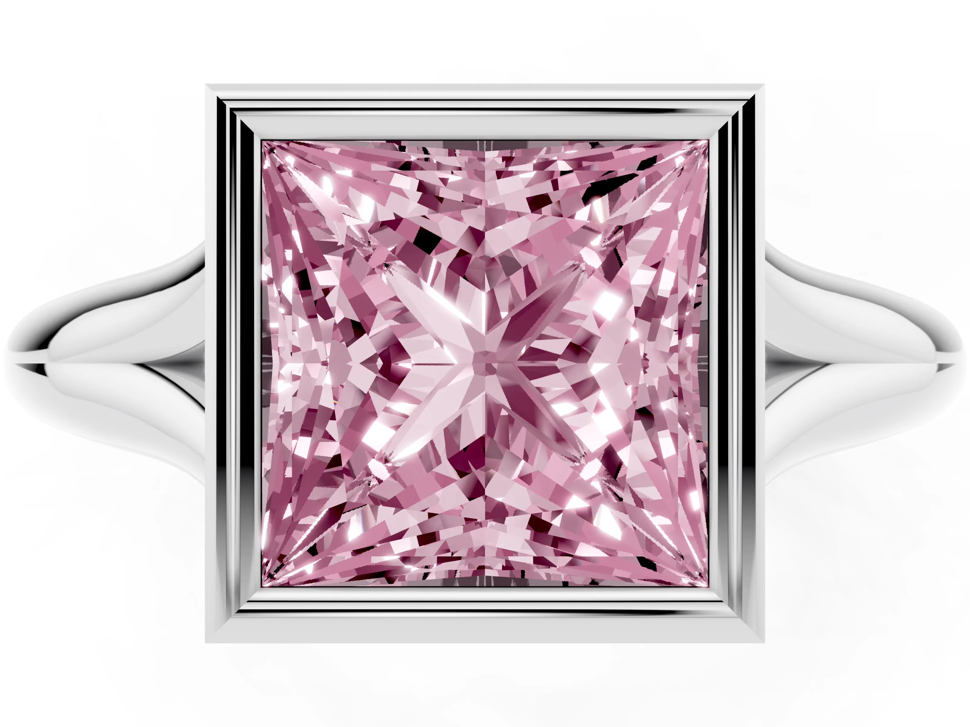 Fancy Pink Bezel Set Princess Cut Diamond Solitaire Ring Set in White gold with Smooth Band