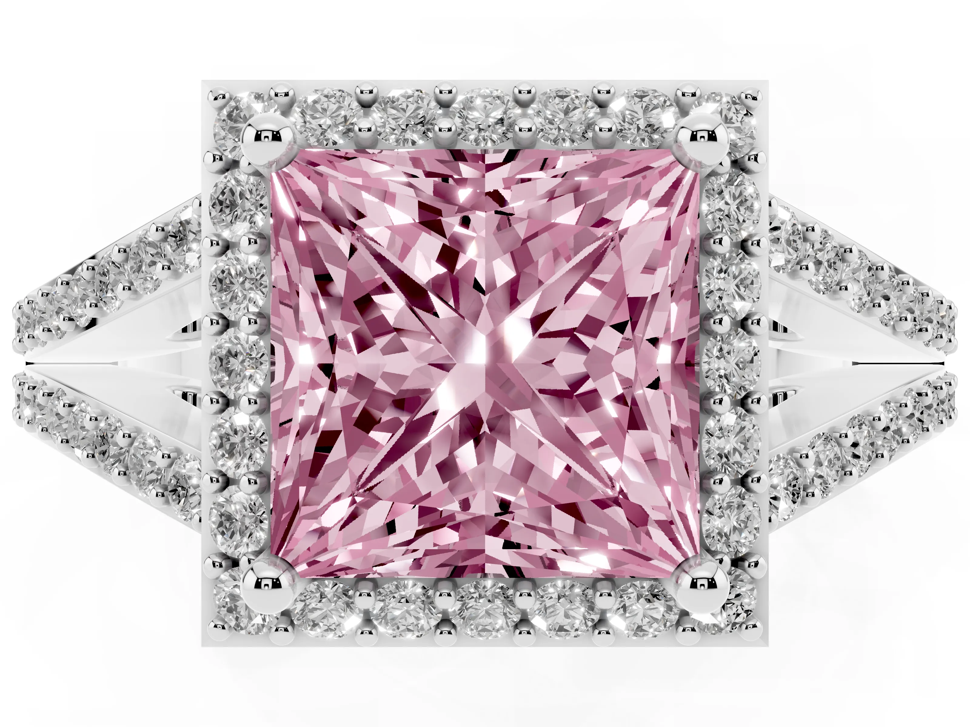 Fancy Pink Princess Cut Diamond Halo Split Shank Pavé Ring Set in Silver with Prong Setting