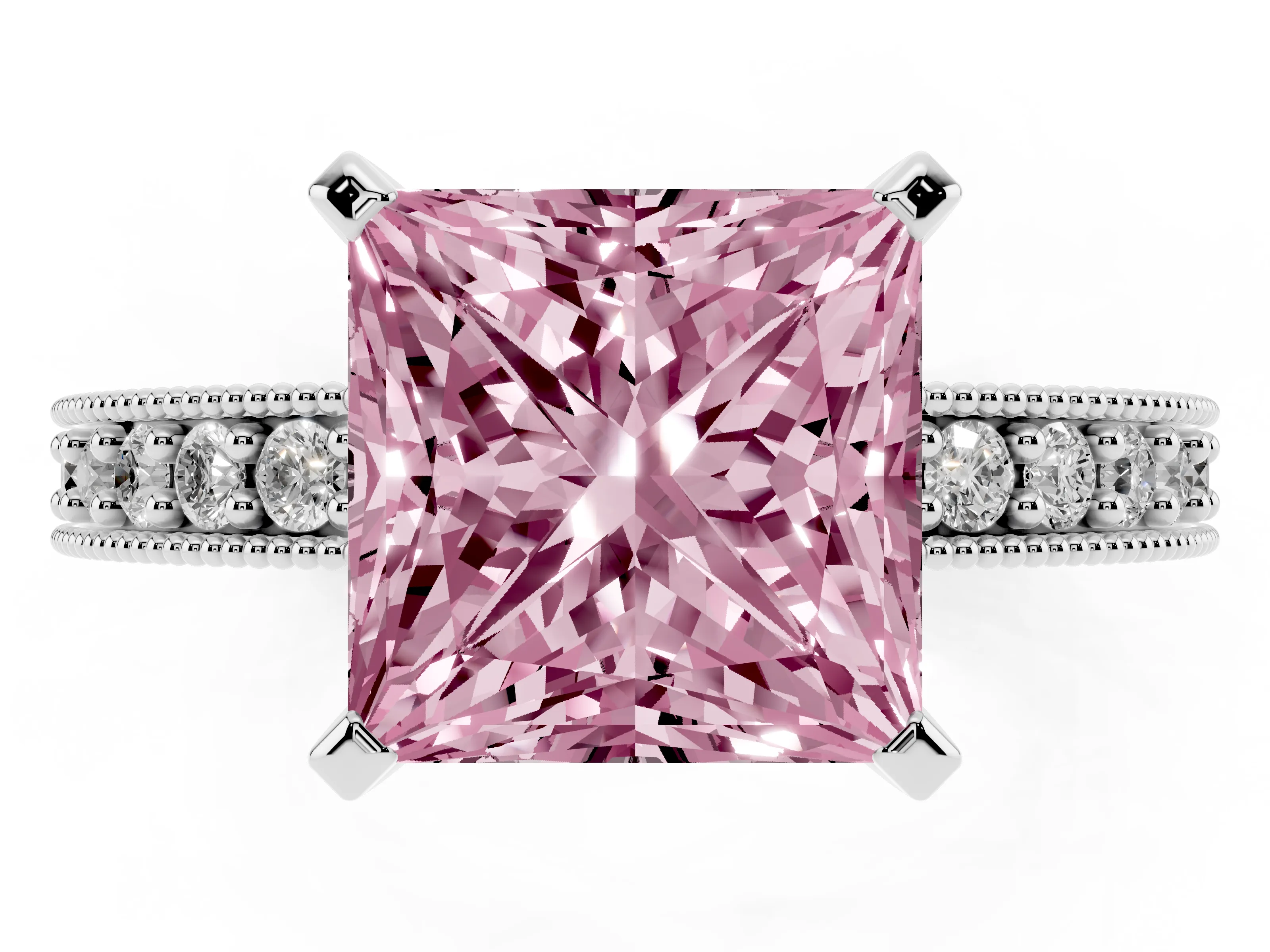 Fancy Pink Princess Cut Diamond Milgrain Pavé Engagement Ring Set in Silver with Prong Setting