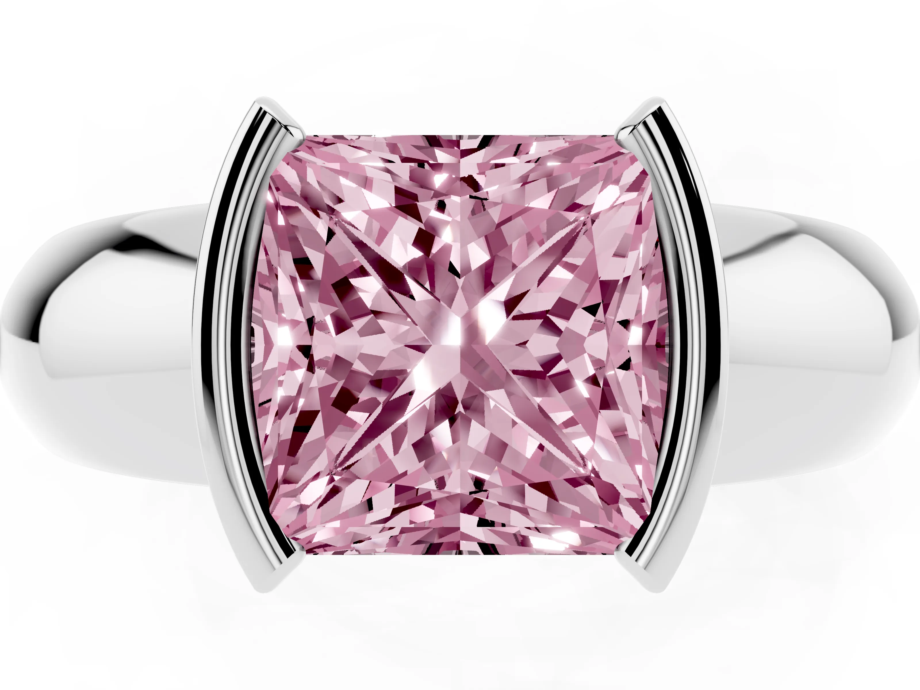 Fancy Pink Princess Cut Diamond Solitaire Tension Set Ring Set in White gold with Wide Band
