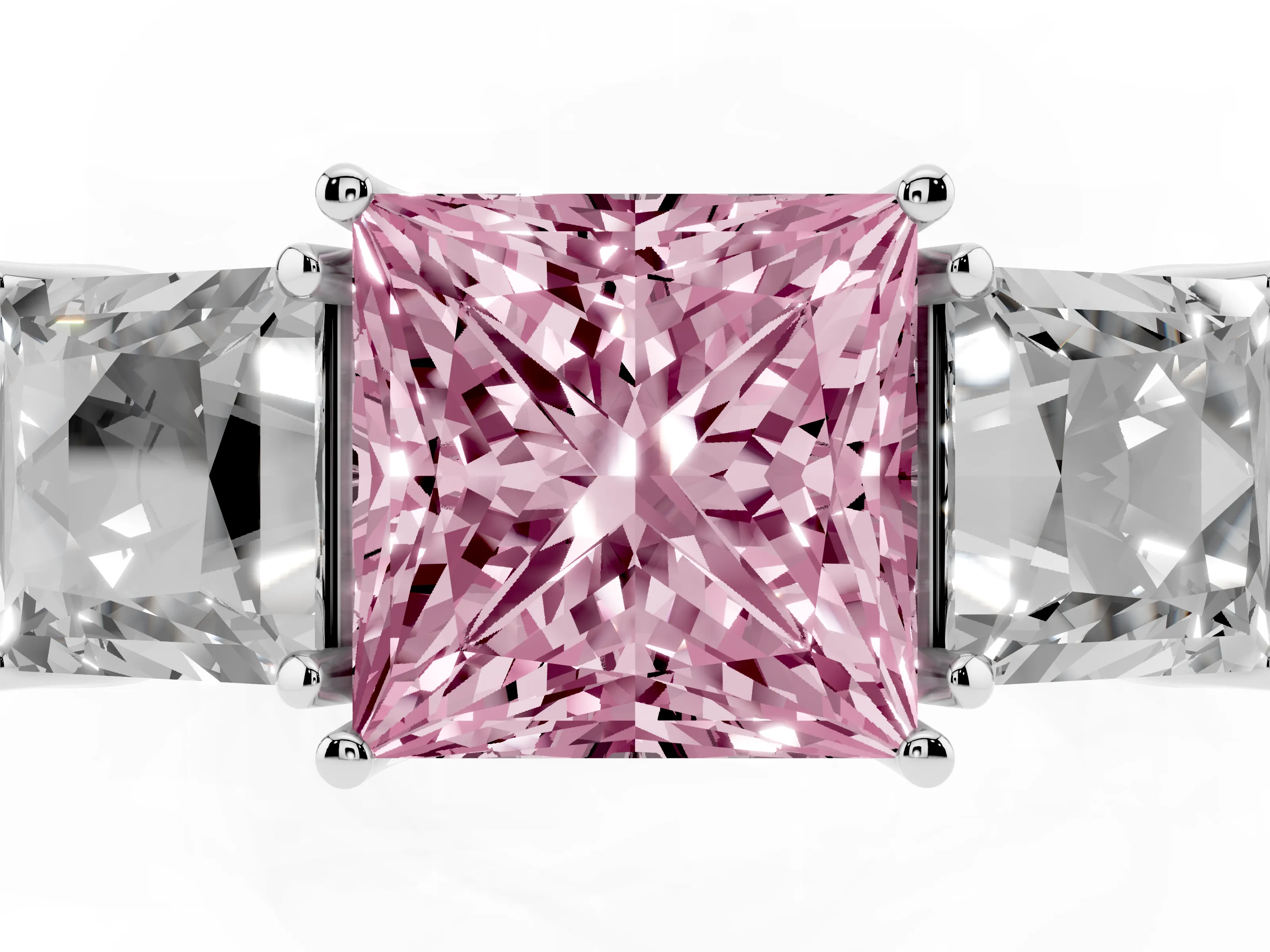 Fancy Pink Princess Cut Diamond Three-Stone Engagement Ring Set in Silver with Milgrain Pavé Band