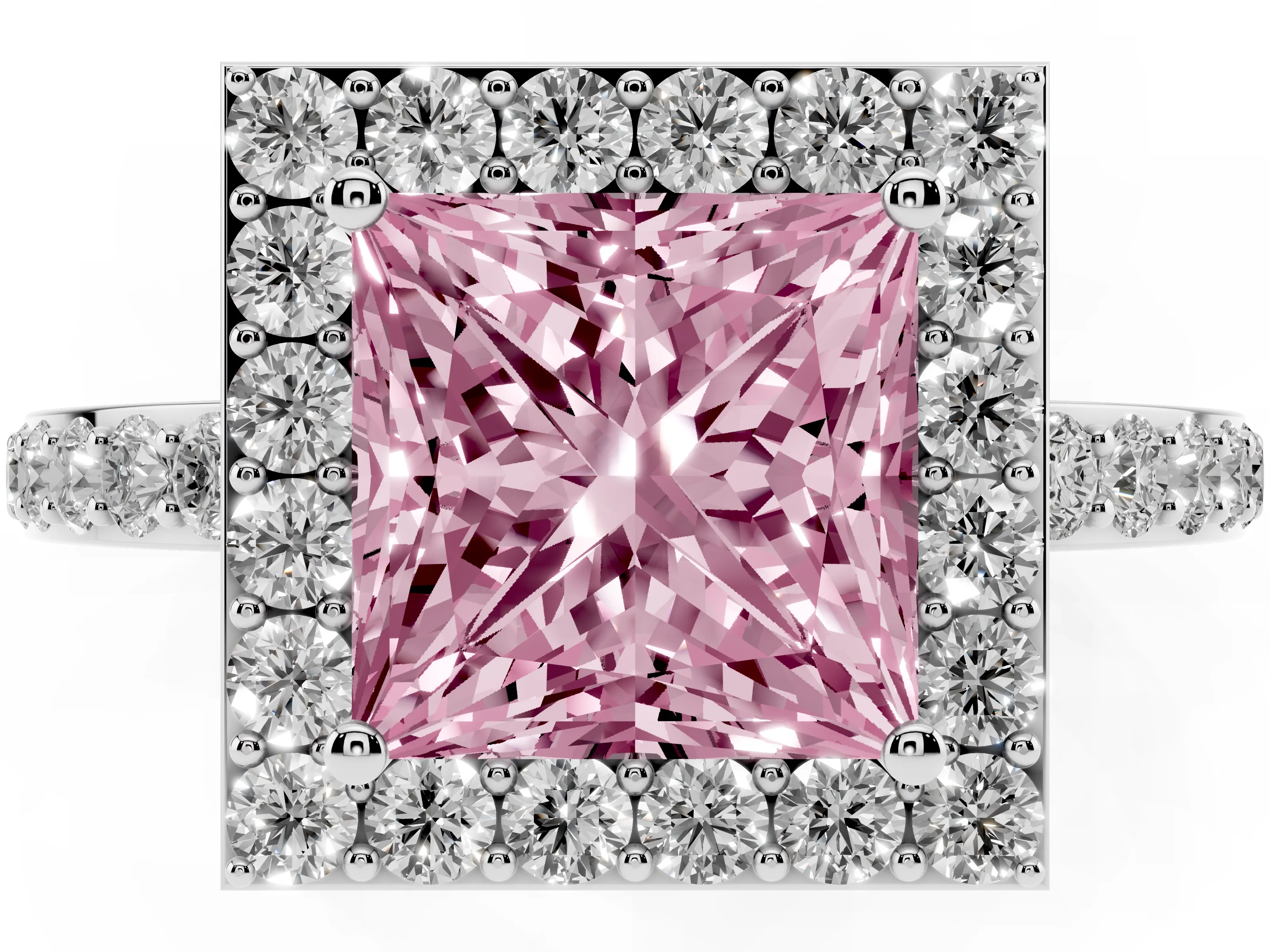 Fancy Pink Princess Cut Diamond Halo Ring Set in White gold with Pavé-Setting Band and Open Prong Center