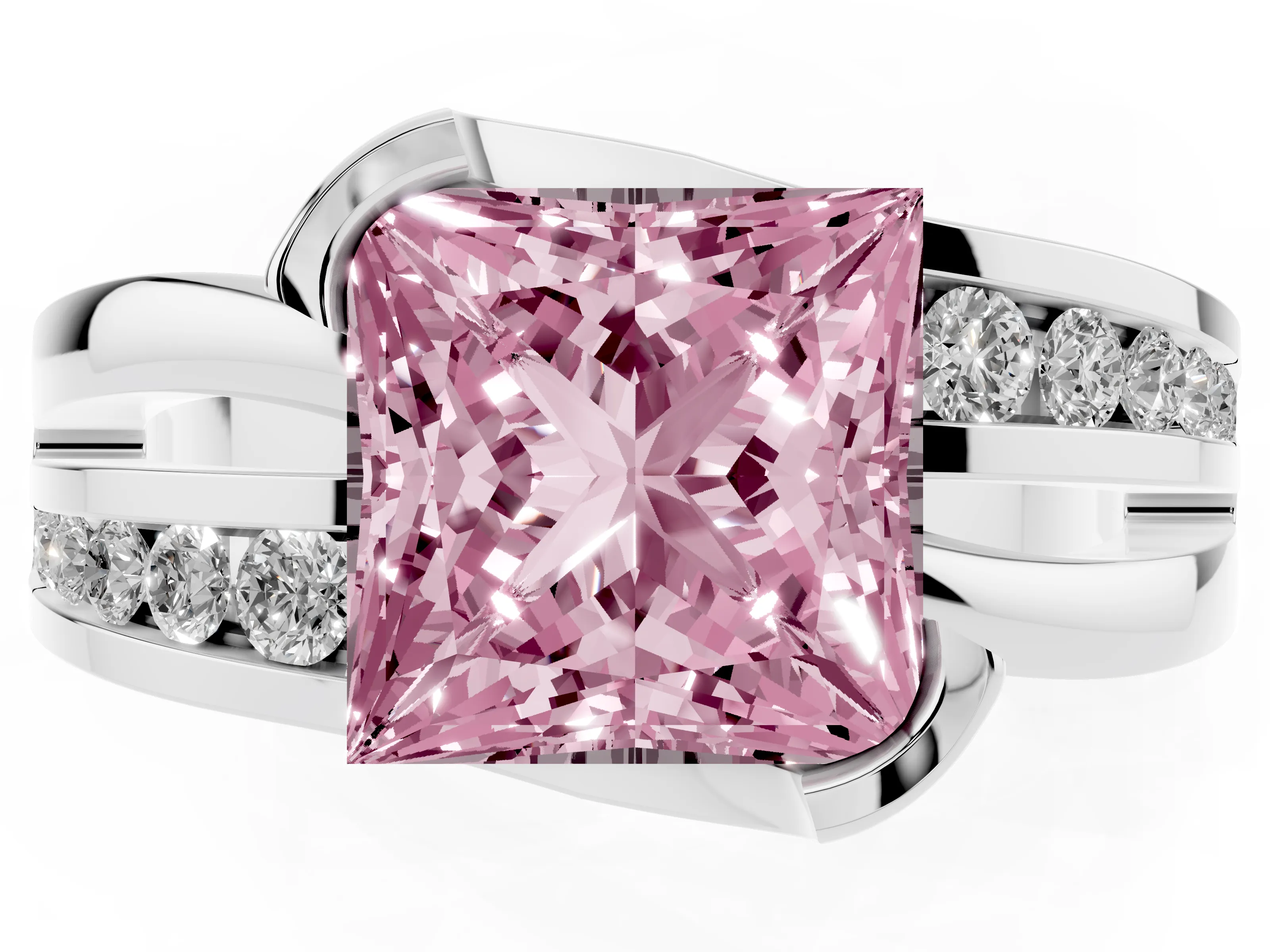 Fancy Pink Princess Cut Diamond Solitaire Ring Set in Silver with Channel Set Split Shank and Tension Prongs