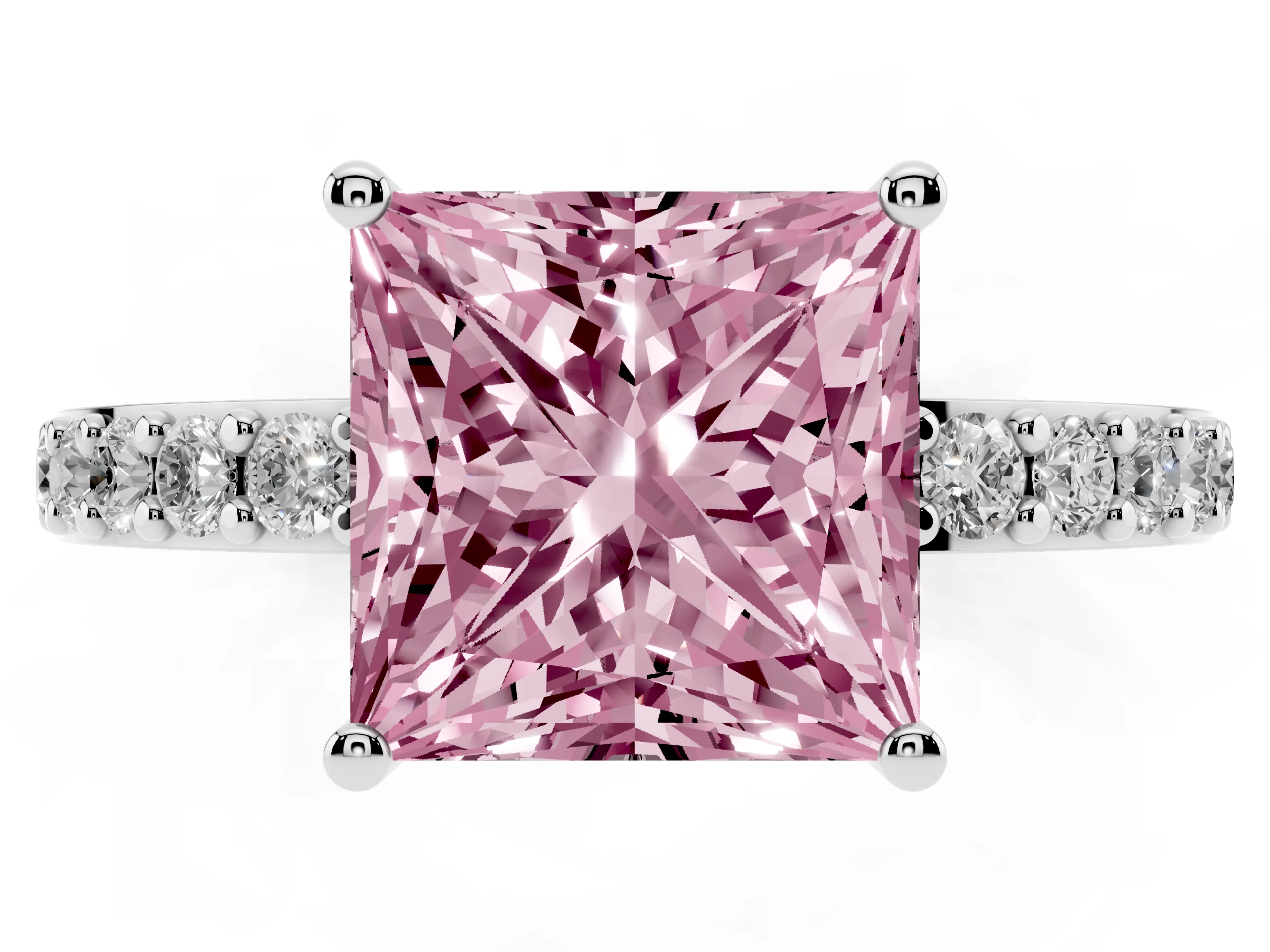 Fancy Pink Princess Cut Diamond Solitaire Set in White gold with Round Pavé Band and Prong Setting