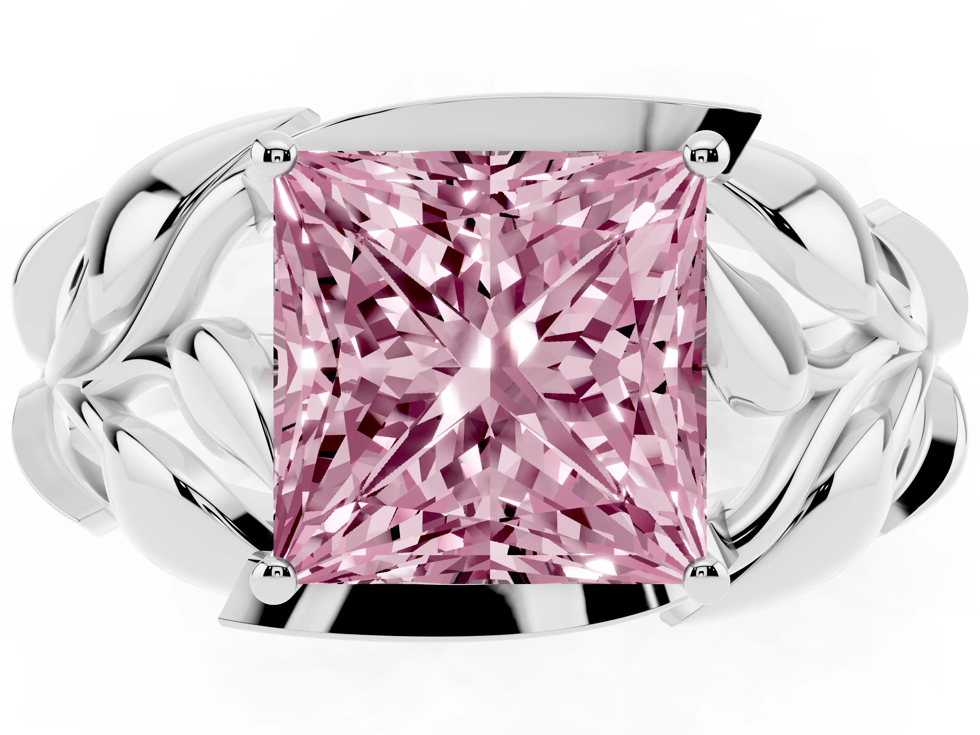 Fancy Pink Princess Cut Diamond Leaf-Inspired Engagement Ring Set in White gold with Round Accents