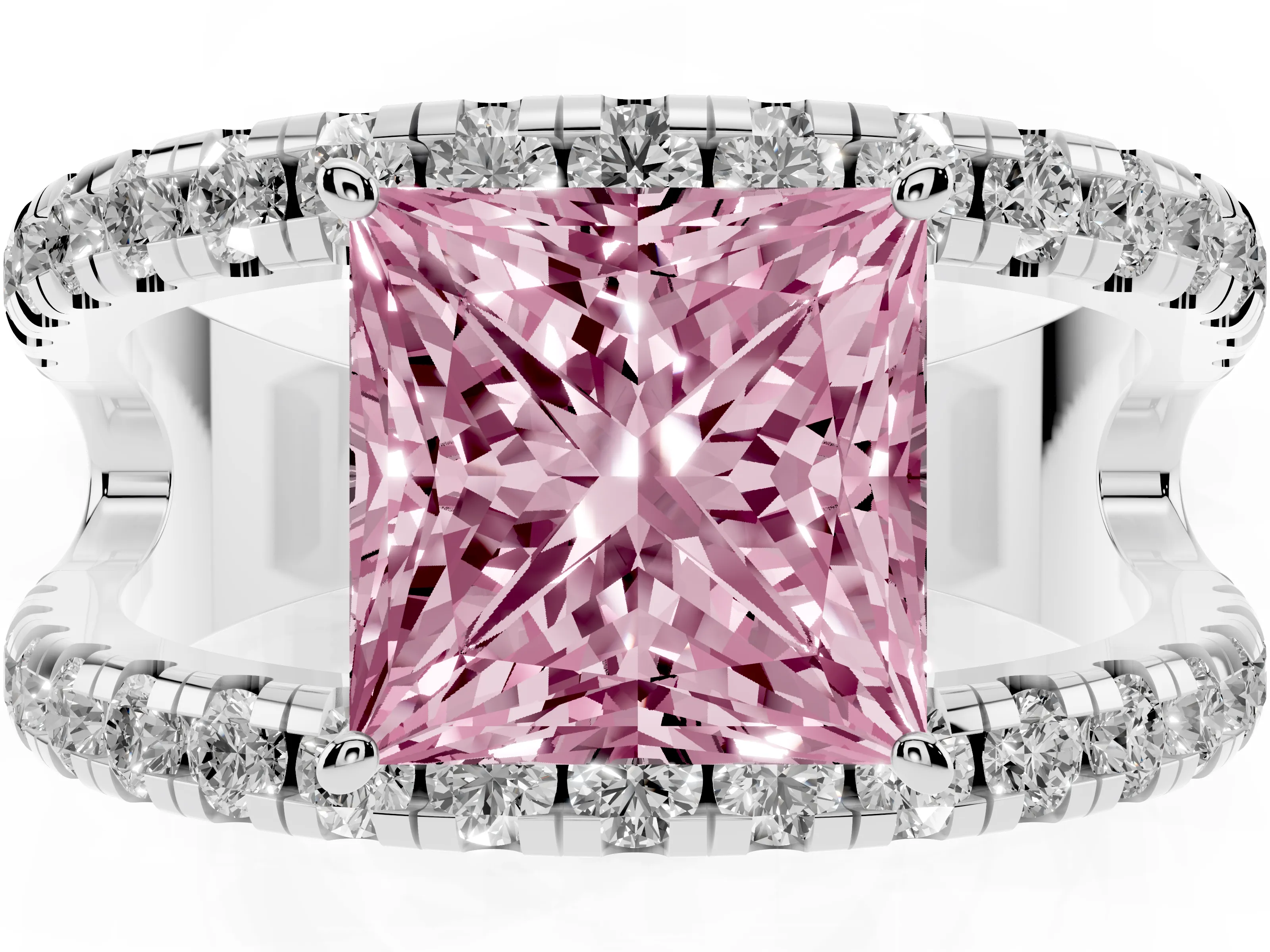 Fancy Pink Princess Cut Diamond Split Shank Pavé Solitaire Ring Set in Platinum with Open Shank Design