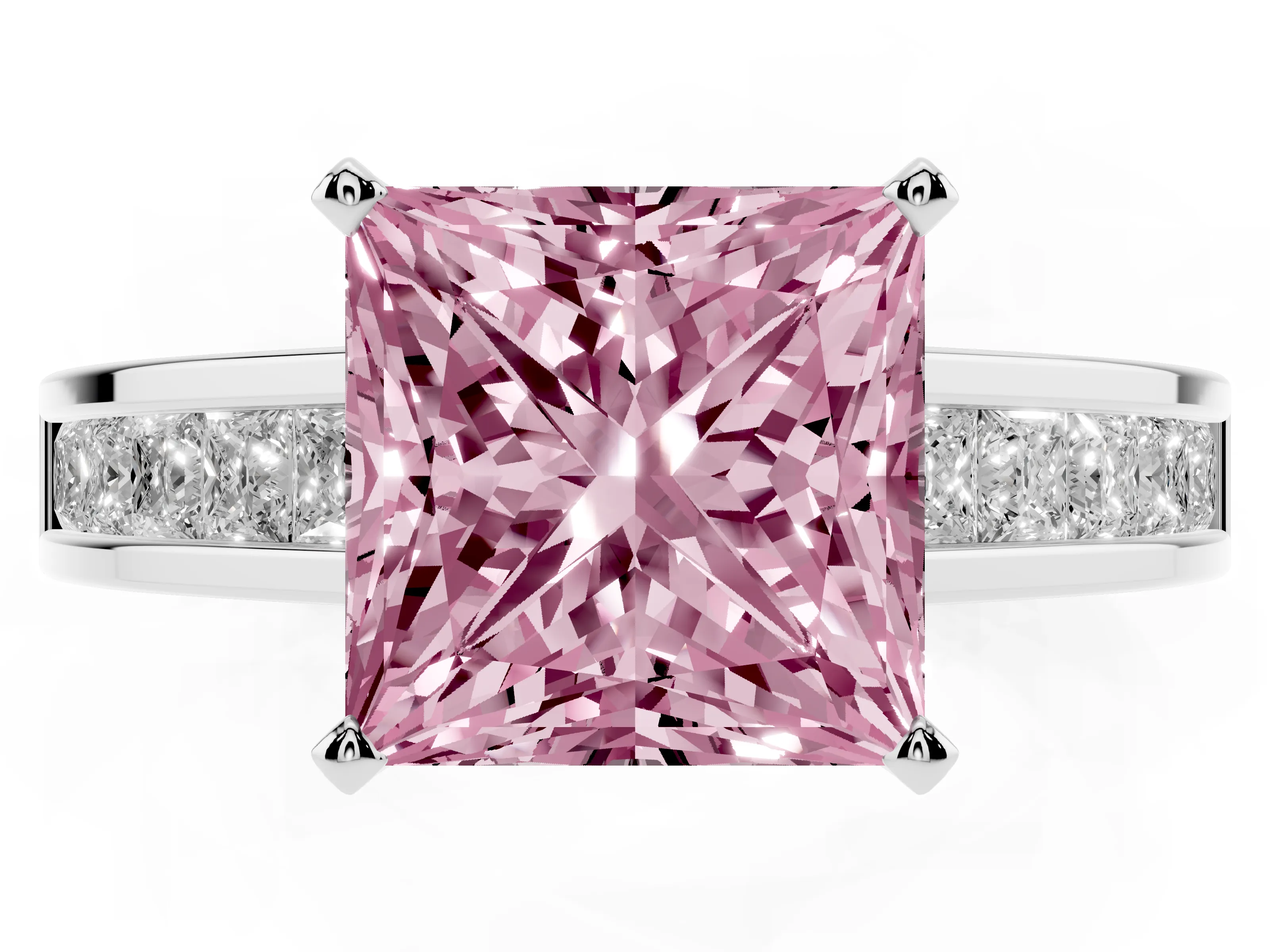 Fancy Pink Princess Cut Diamond Solitaire Ring Set in Silver with Channel-Set Band and Prong Setting