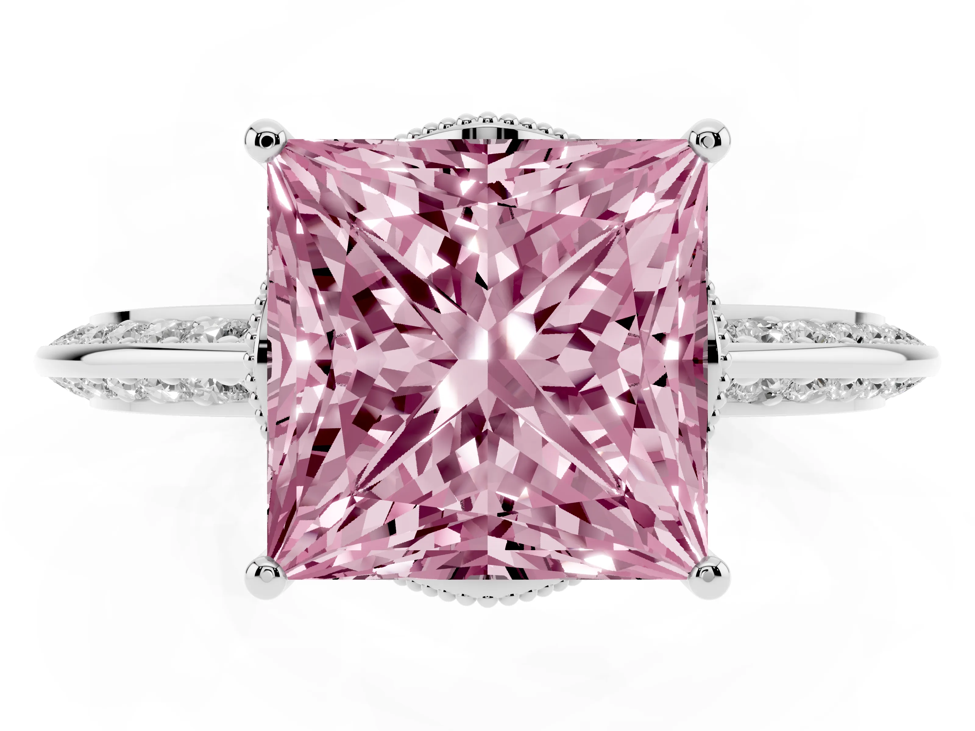 Fancy Pink Princess Cut Diamond Solitaire Engagement Ring Set in White gold with Pavé Split Shank and Prong Setting
