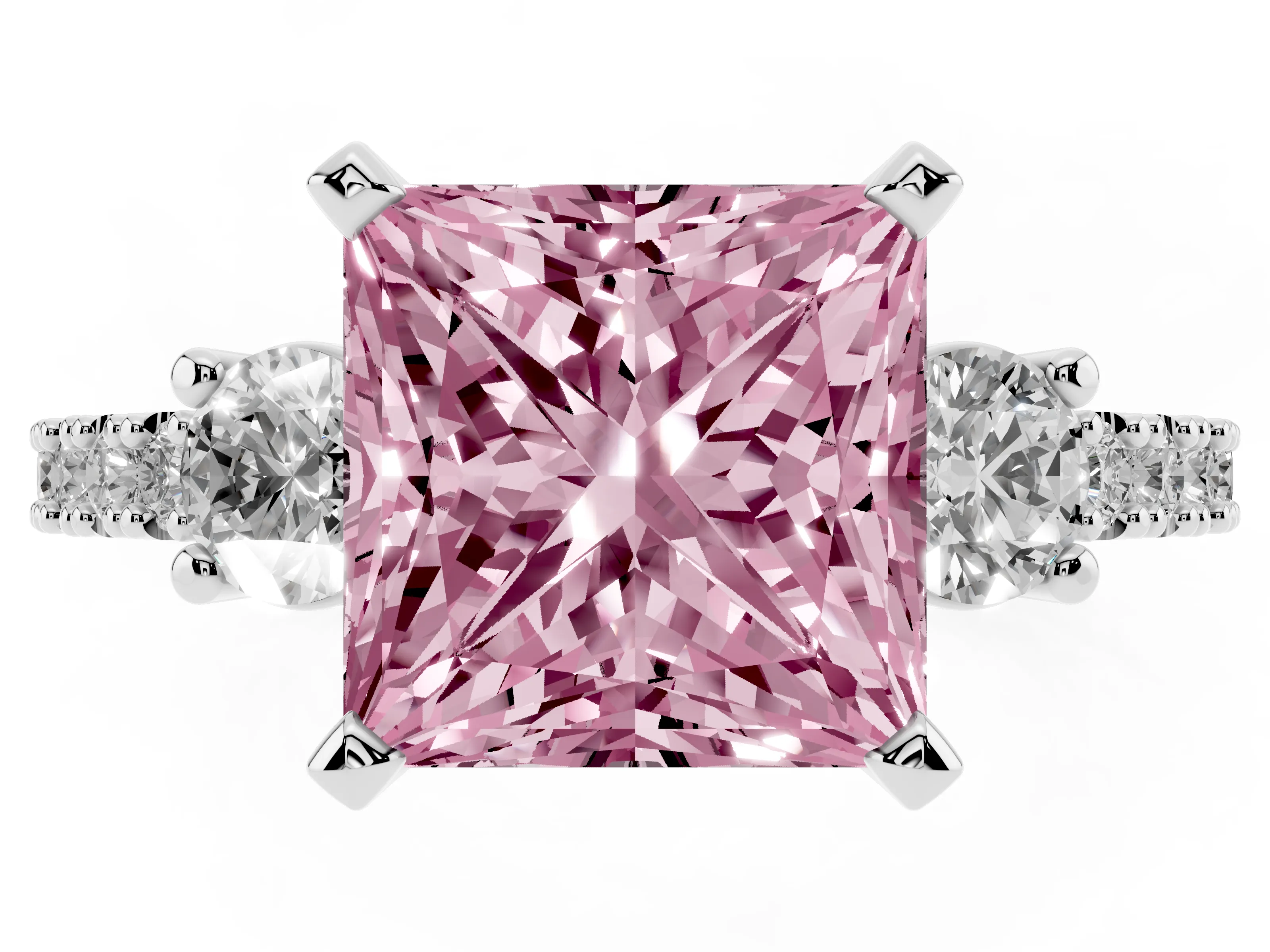Fancy Pink Three-Stone Princess Cut Diamond Pavé Band Ring Set in Platinum with Prong Setting