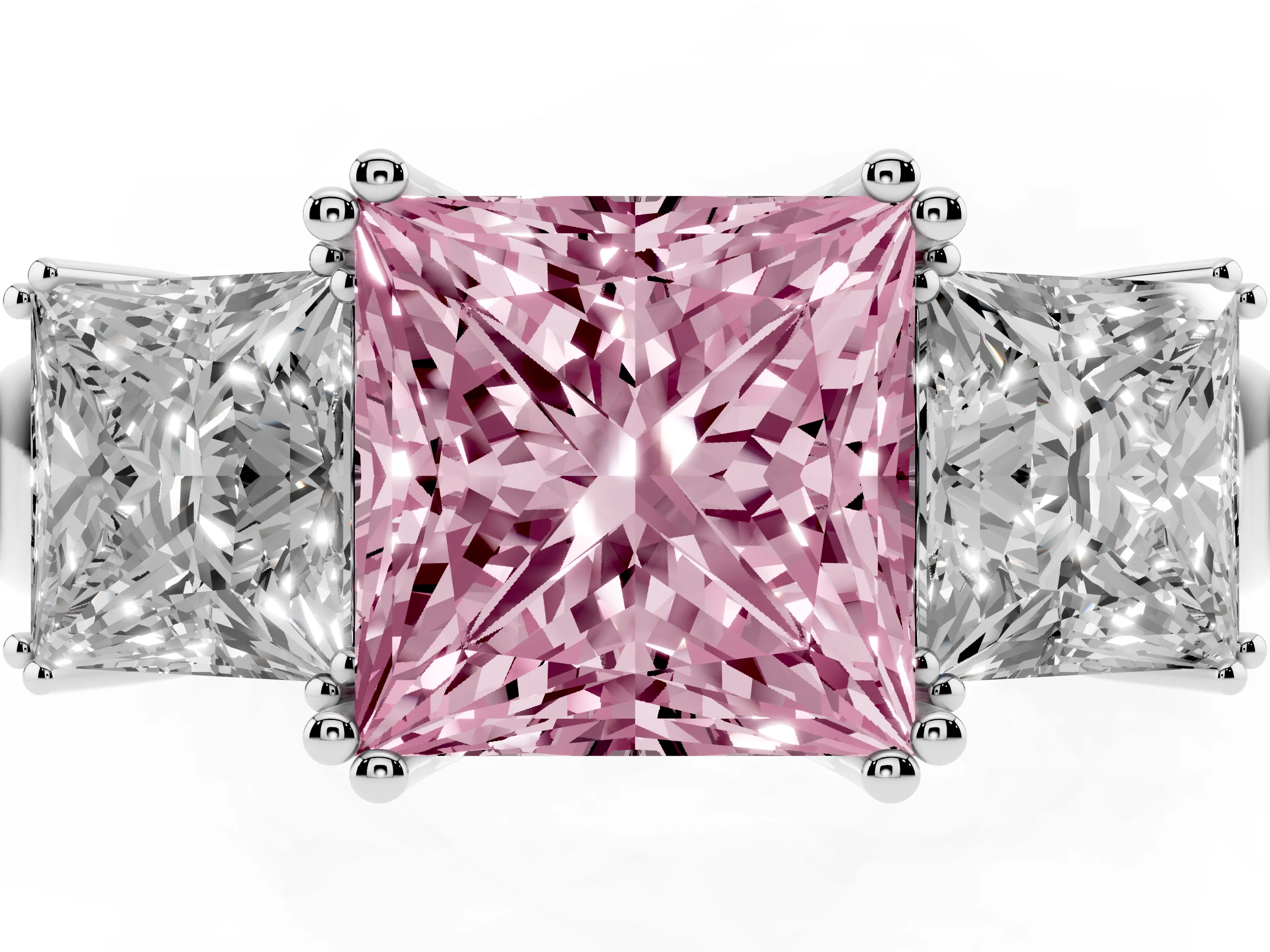 Fancy Pink Princess Cut Diamond Three-Stone Ring Set in Platinum with Polished Channel-Set Band