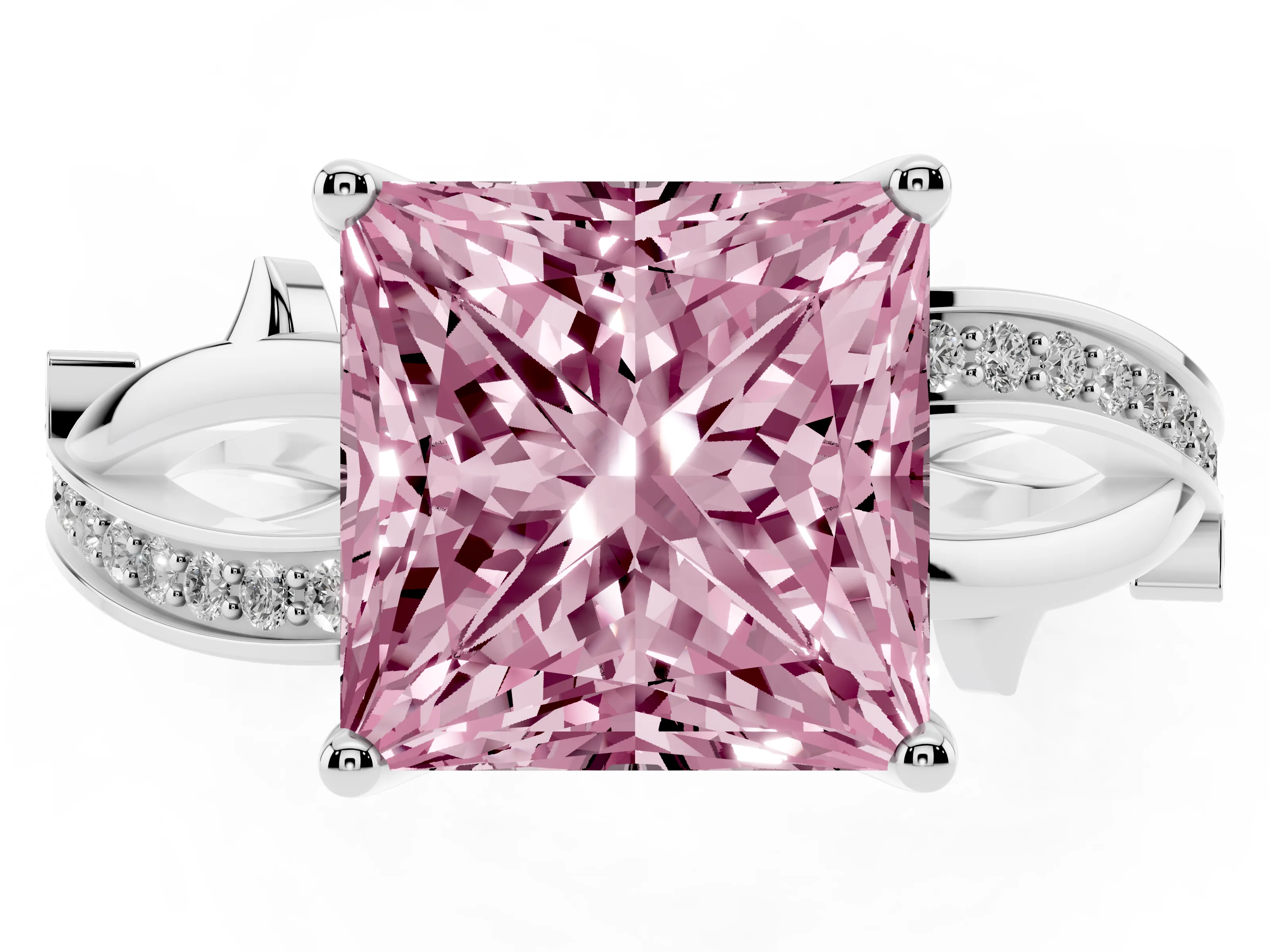 Fancy Pink Princess Cut Diamond Pavé Twist Band Solitaire Ring Set in Silver with Prong Setting