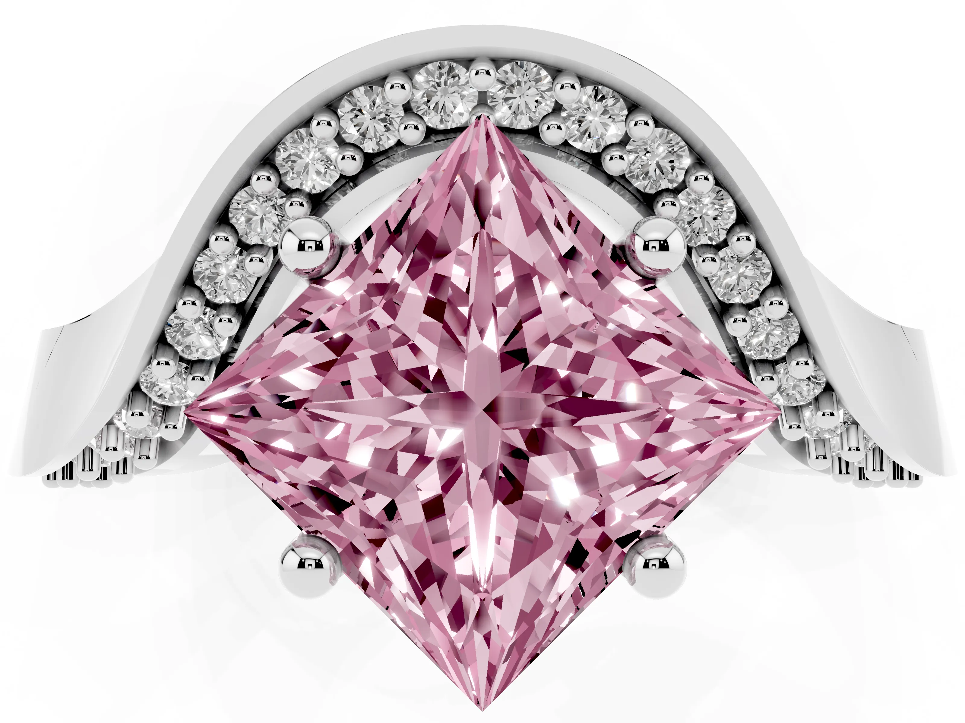 Fancy Pink Princess Cut Diamond Solitaire Engagement Ring Set in Silver with Pavé Shoulders