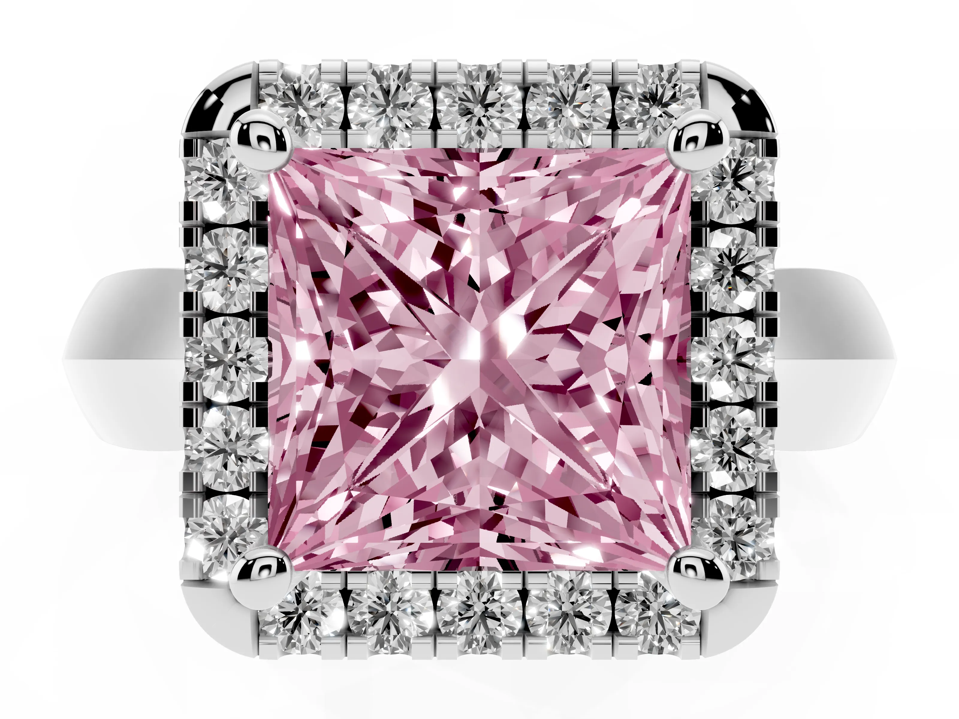 Fancy Pink Princess Cut Diamond Halo Solitaire Engagement Ring Set in White gold with Square Band and Prong Setting