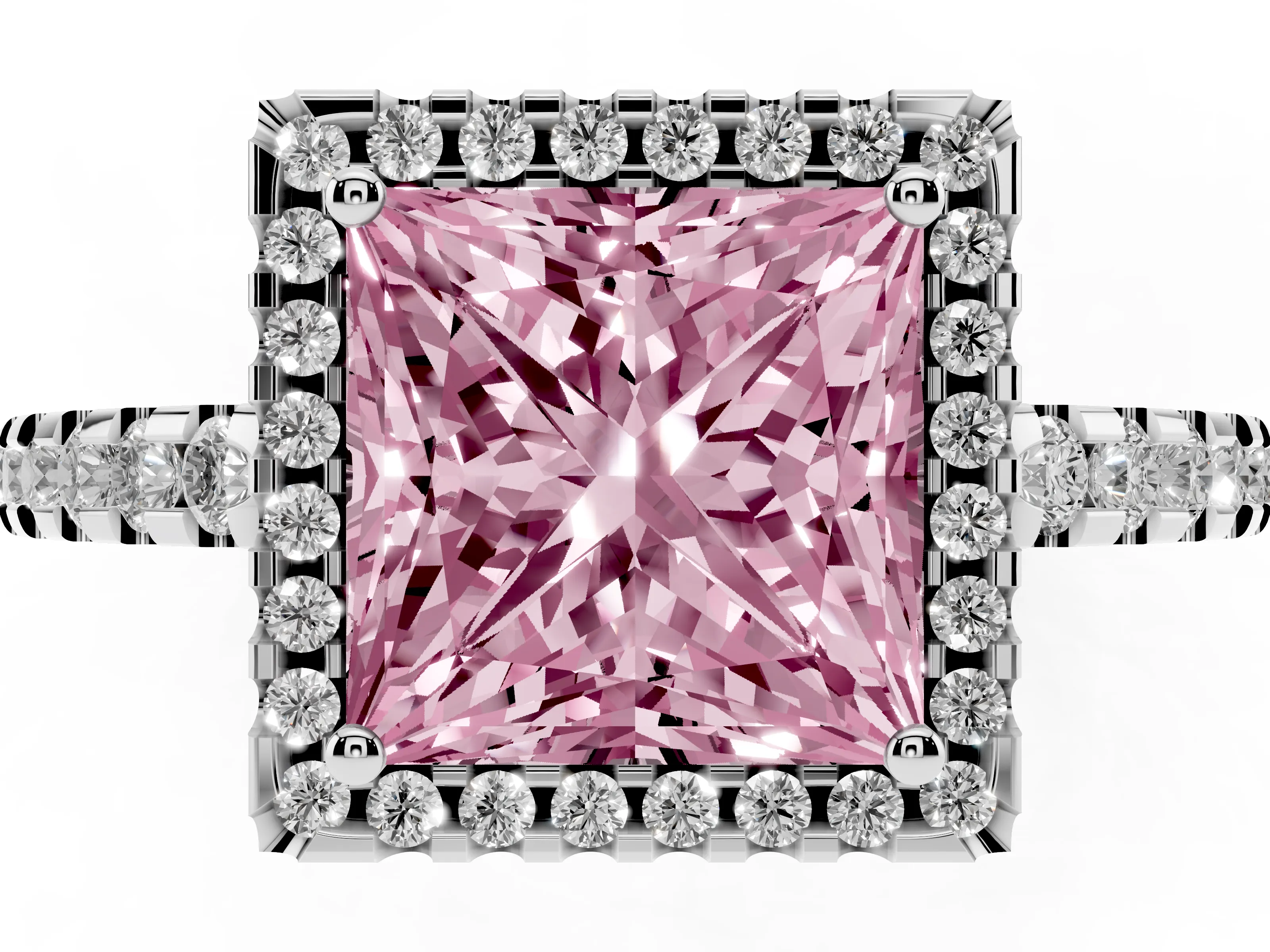 Fancy Pink Princess Cut Diamond Halo Ring Set in White gold with Pavé Shoulders and Halo-Framed Center