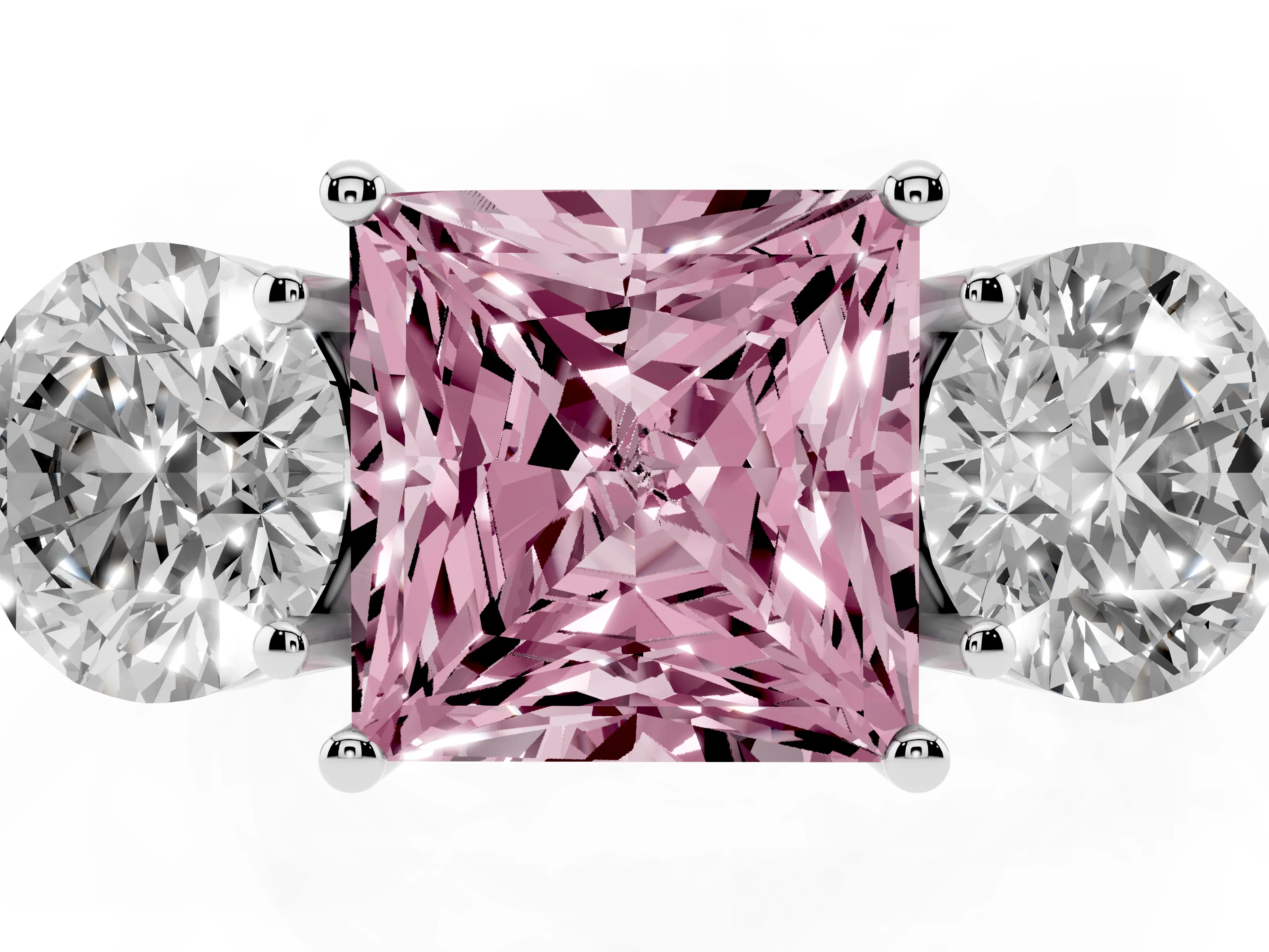 Fancy Pink Princess Cut Diamond Three-Stone Ring Set in Platinum with Prong Setting and Plain Band
