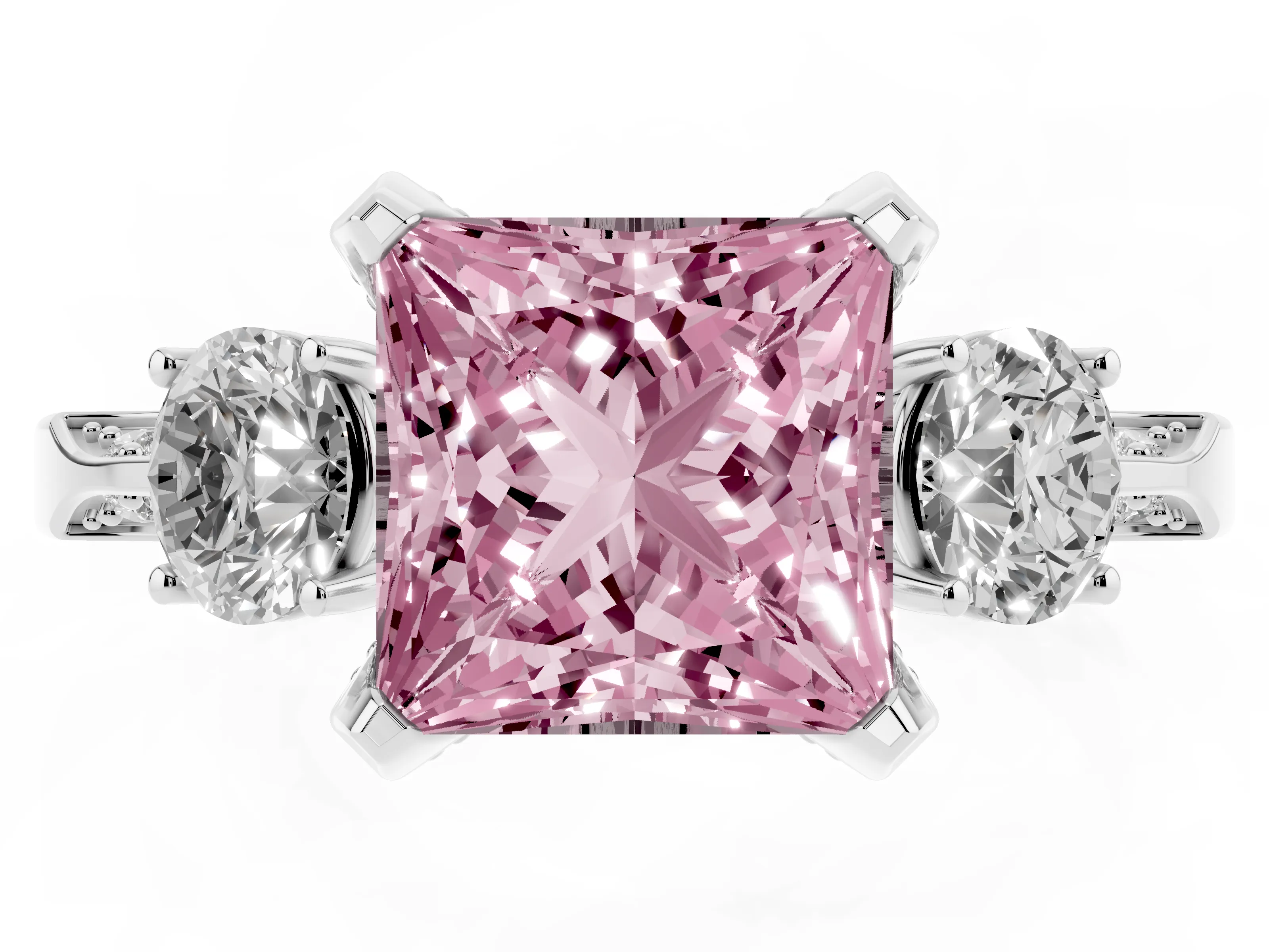 Fancy Pink Princess Cut Diamond Three-Stone Ring Set in White gold with Pavé Band and Smaller Side Stones