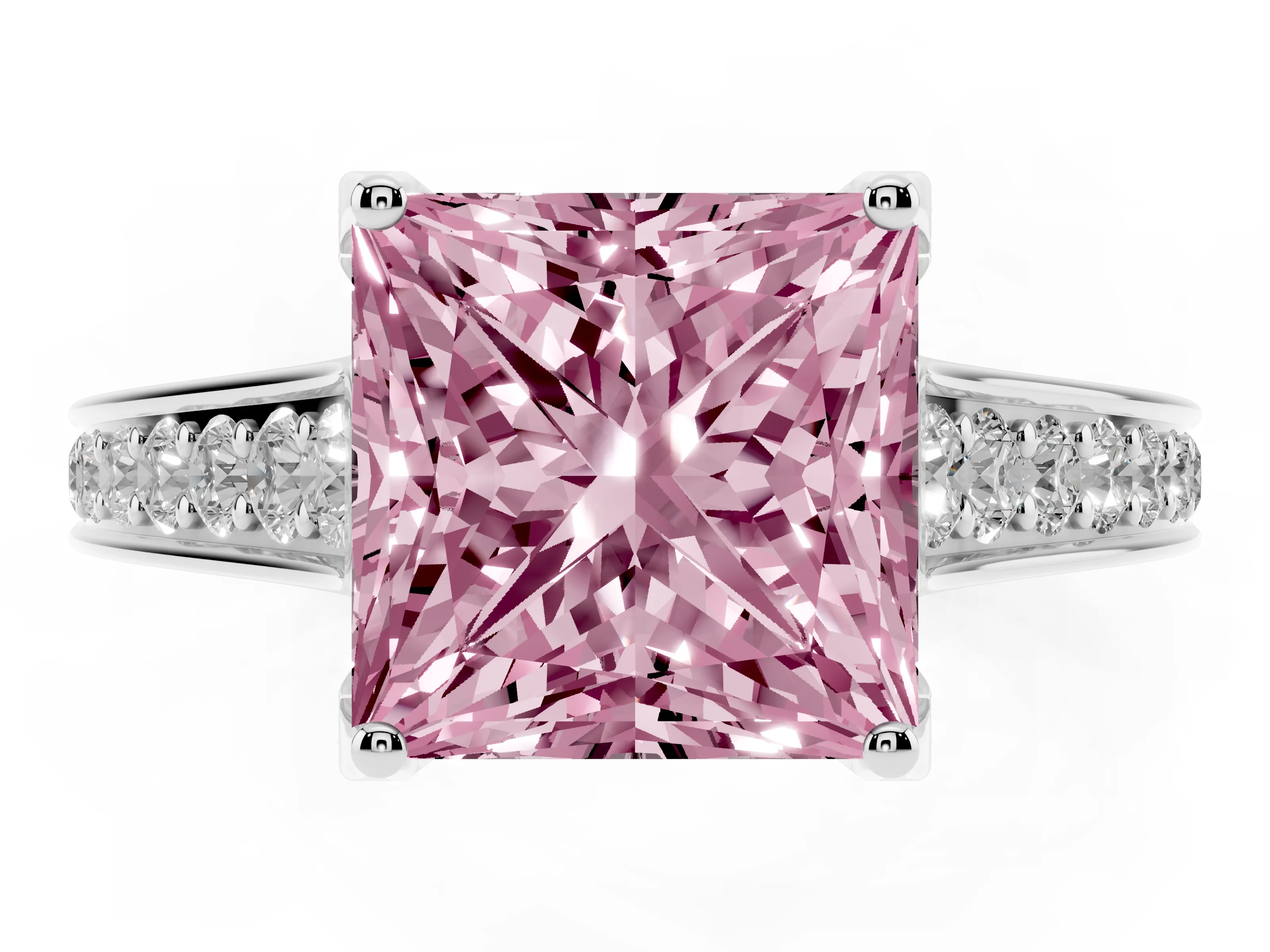 Fancy Pink Princess Cut Diamond Solitaire Pavé Engagement Ring Set in Platinum with Prong Setting