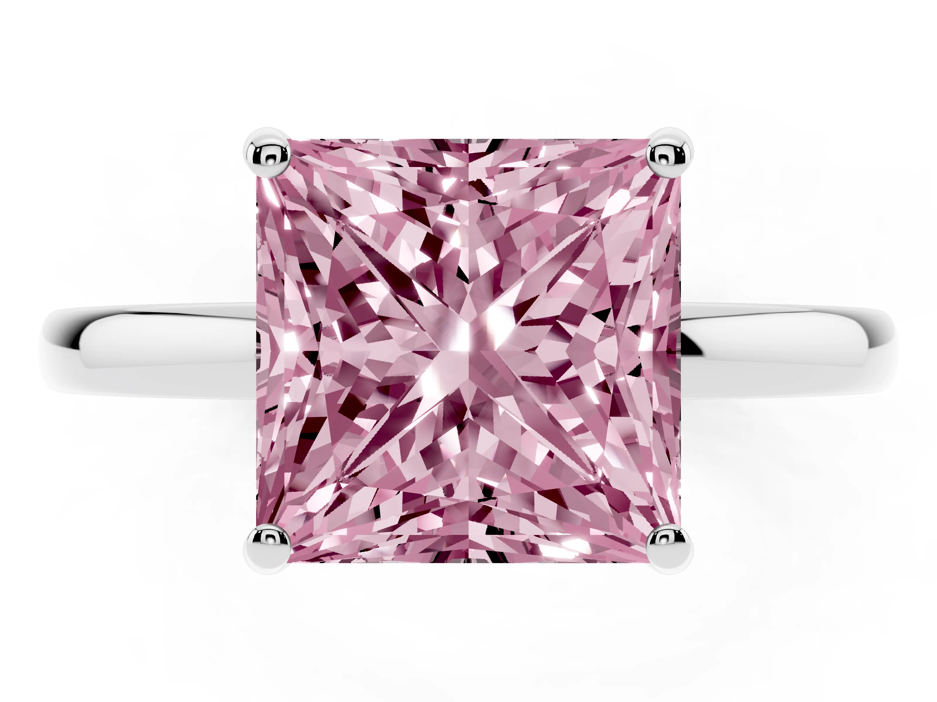 Fancy Pink Princess Cut Diamond Solitaire Ring Set in Silver with Plain Band and Prong Setting