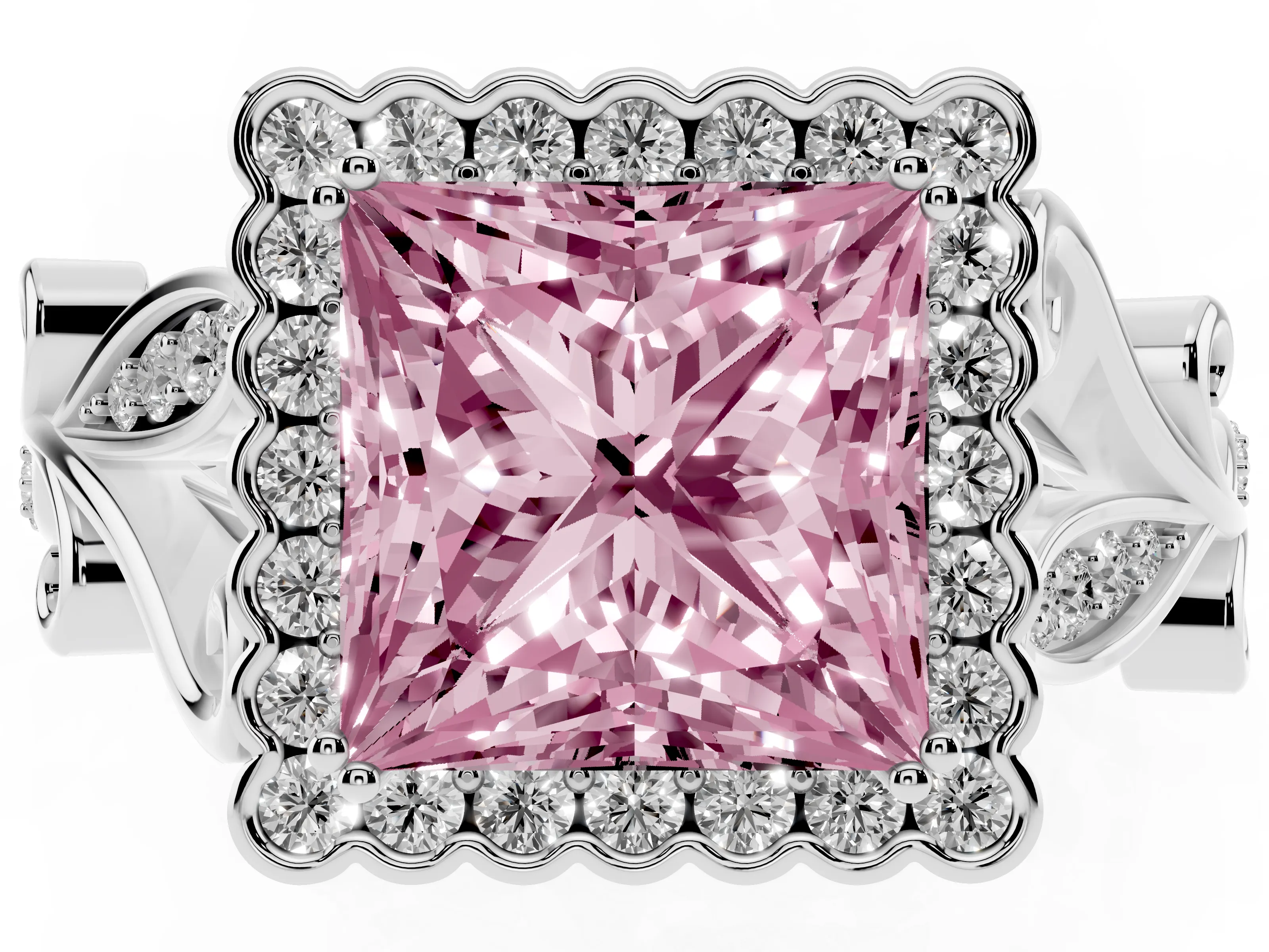 Fancy Pink Princess Cut Diamond Halo Ring Set in White gold with Leaf Motif Split Shank and Prong Setting